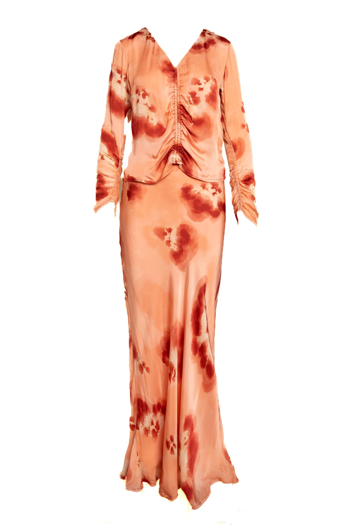 MARIACHER Peach Watercolor Print Satin Top + Maxi Skirt Set (Sz. M)