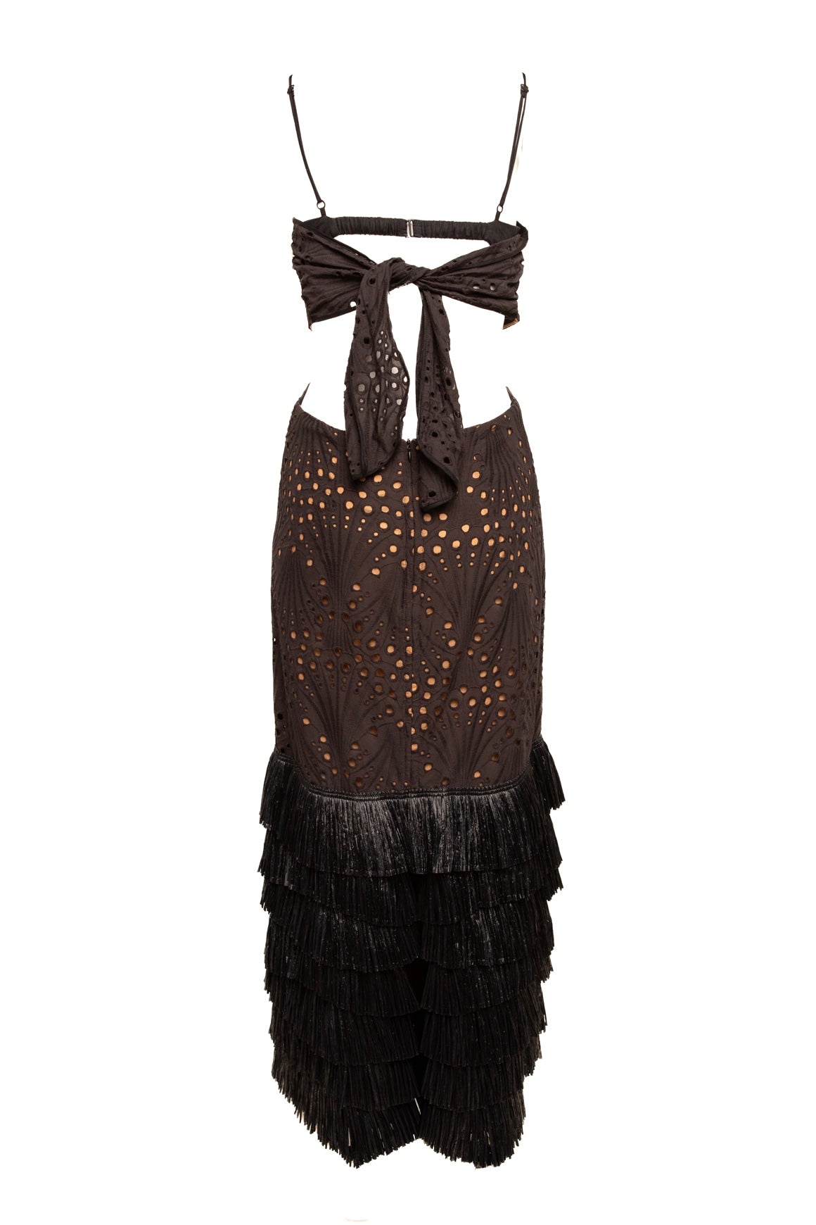 JOHANNA ORTIZ Black Eyelet Halter Raffia Ruffle Maxi Dress (Sz. 6)