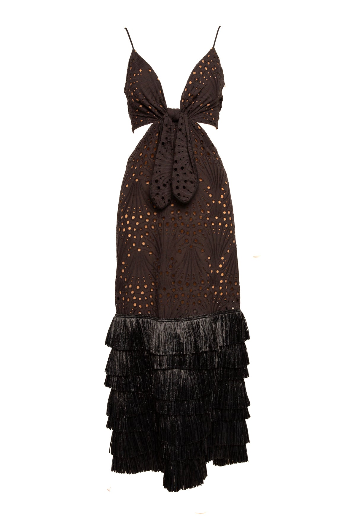 JOHANNA ORTIZ Black Eyelet Halter Raffia Ruffle Maxi Dress (Sz. 6)