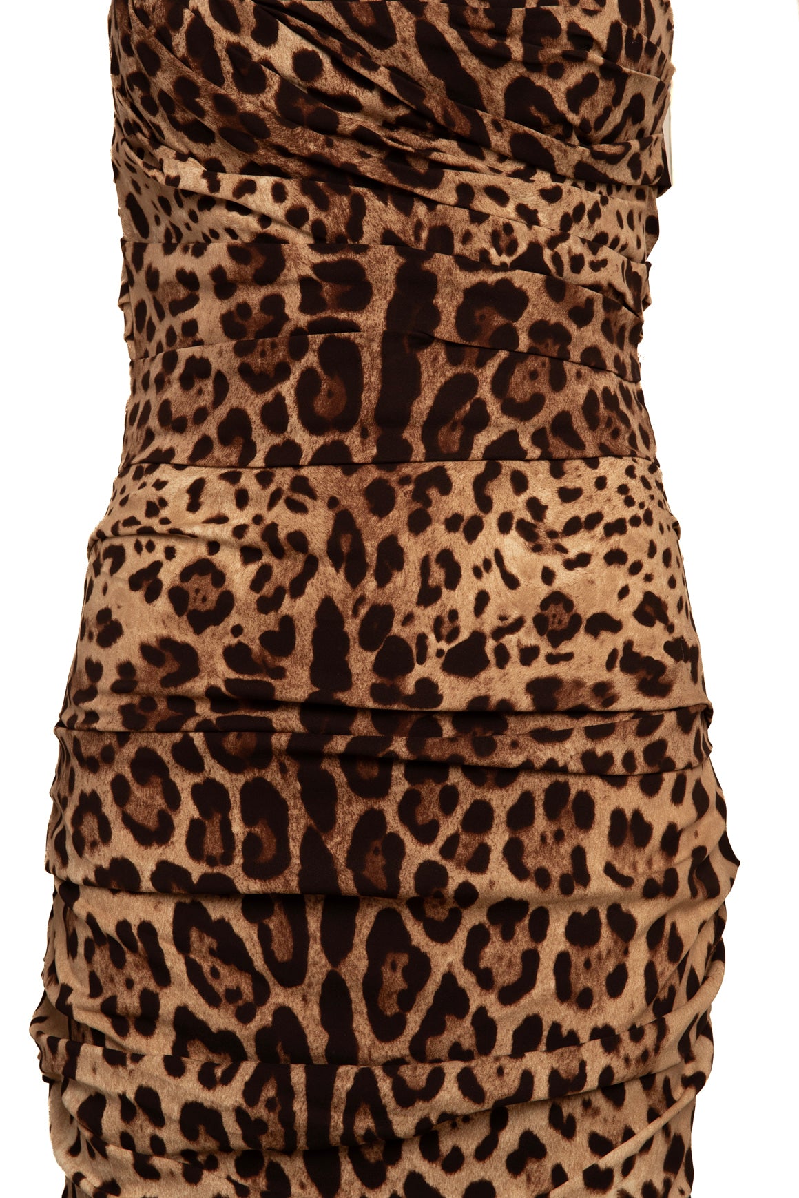 DOLCE & GABBANA Leopard Silk Ruched Bodycon Midi Dress (Sz. 8)