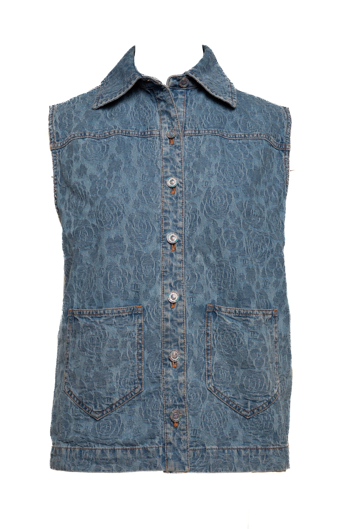 CHANEL Blue "Camellia" Denim Jacquard Rose Vest (Sz. XS)