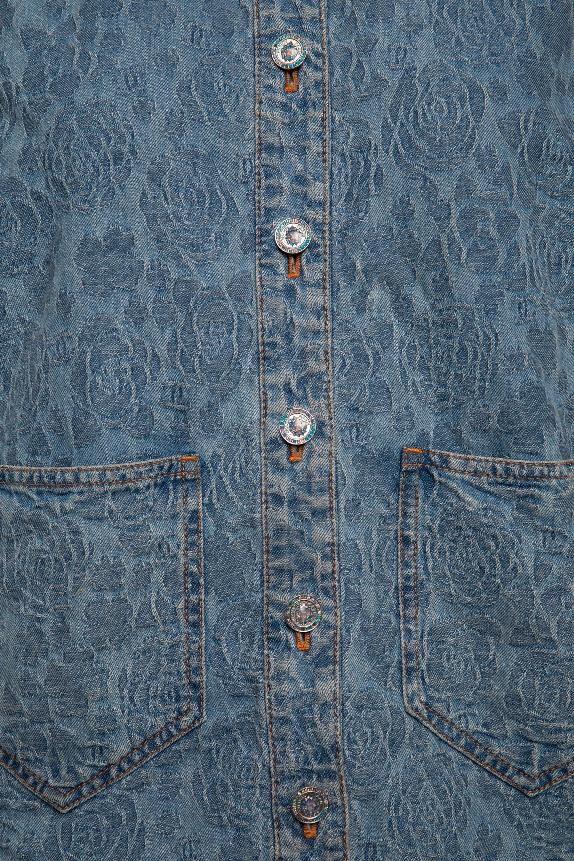 CHANEL Blue "Camellia" Denim Jacquard Rose Vest (Sz. XS)