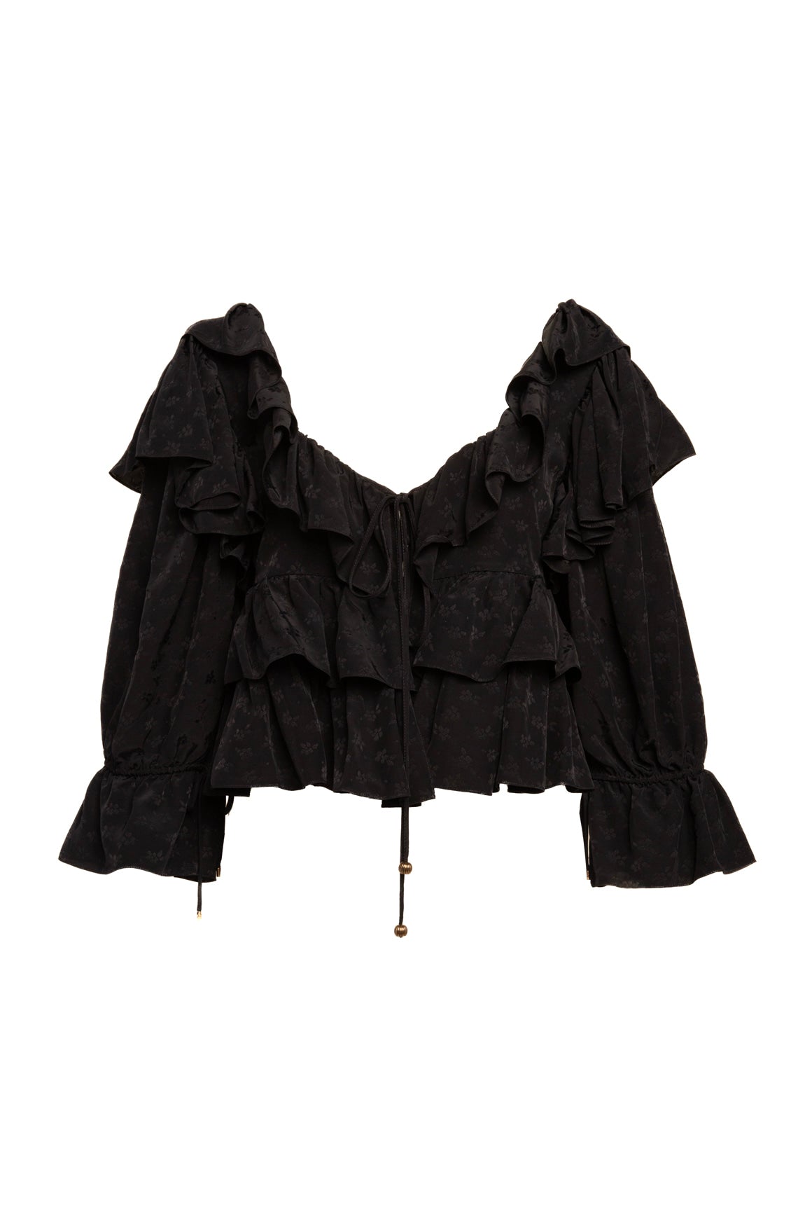 CHLOE Black Floral Satin Ruffle Blouse (Sz. 36/0)