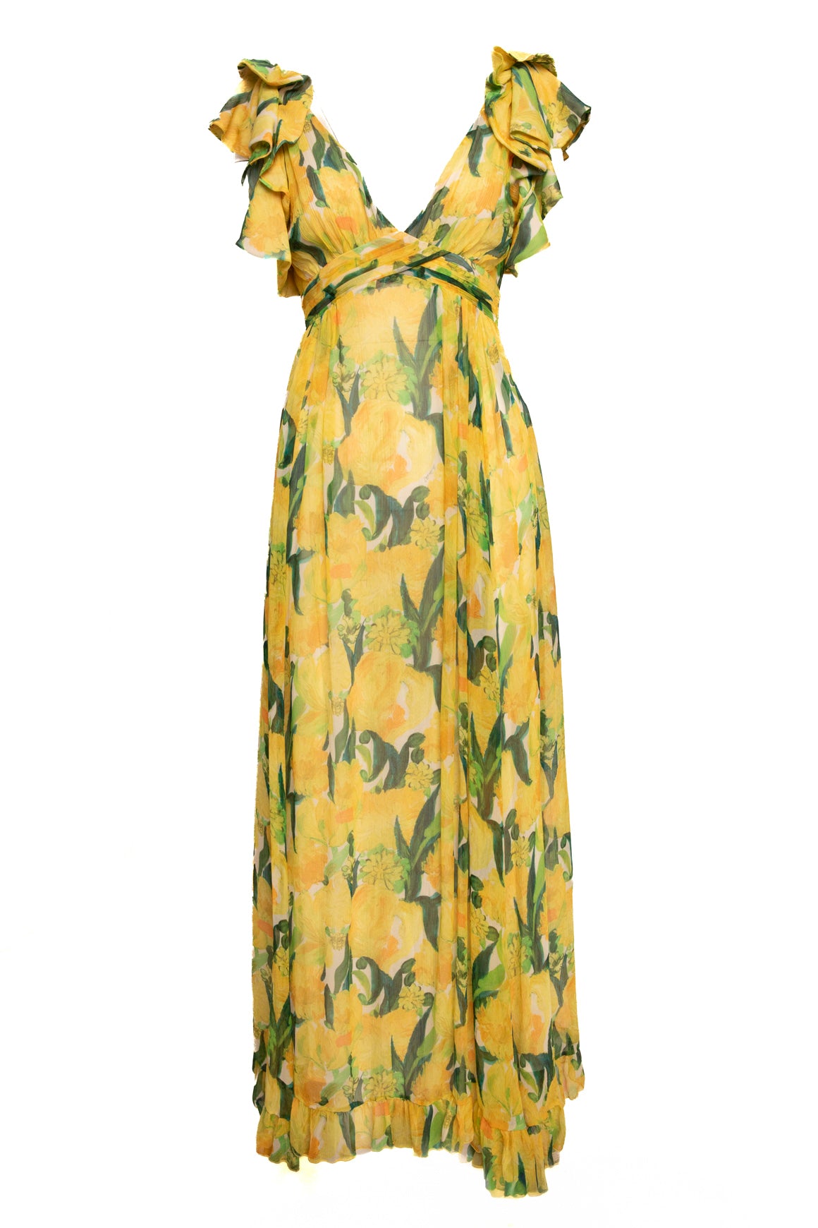 LA DOUBLE J Yellow Silk Floral Print Maxi Gown (Sz. XS)