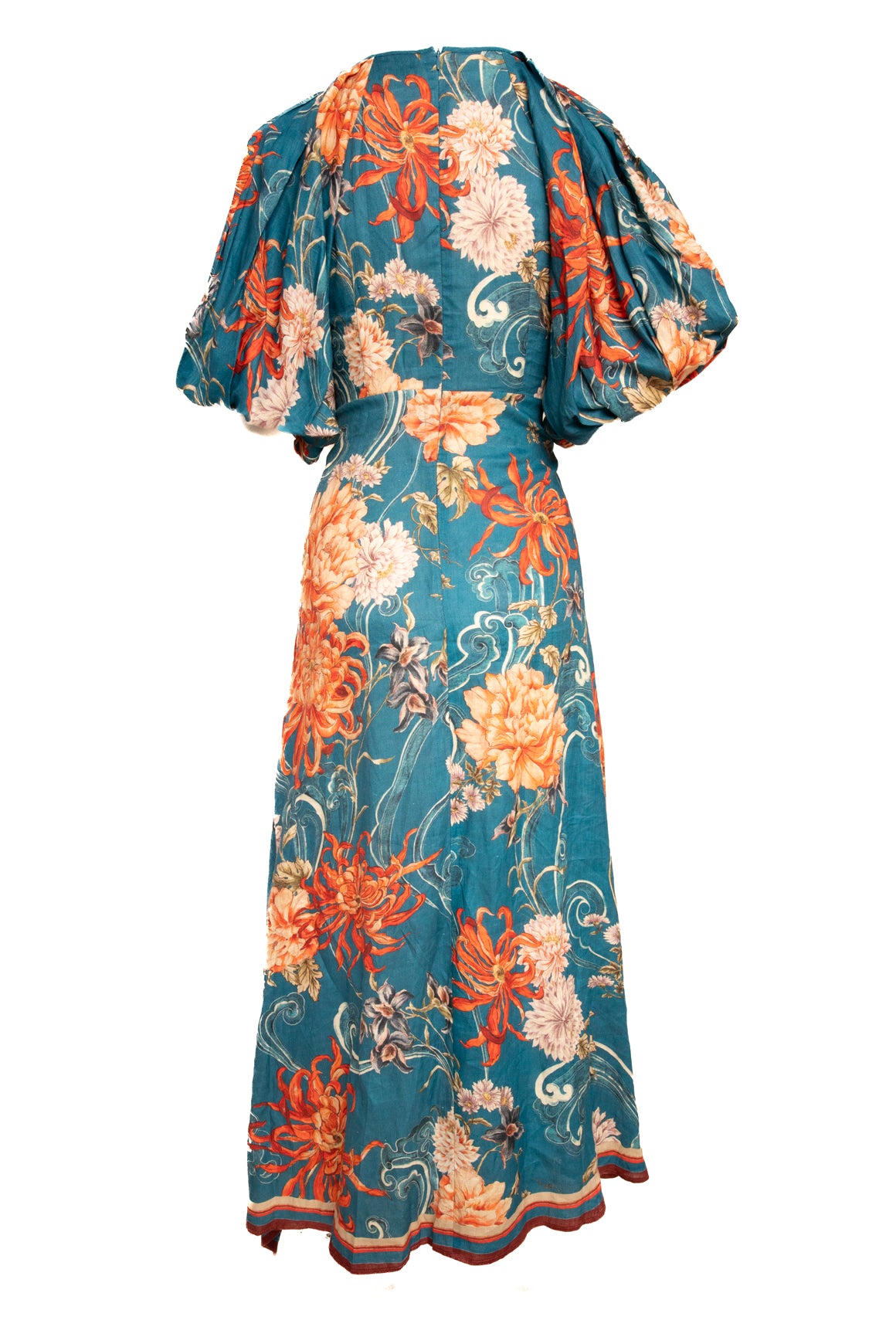ALEMAIS Teal/Red Floral Linen Balloon Slv Mazi Dress (Sz. 8)