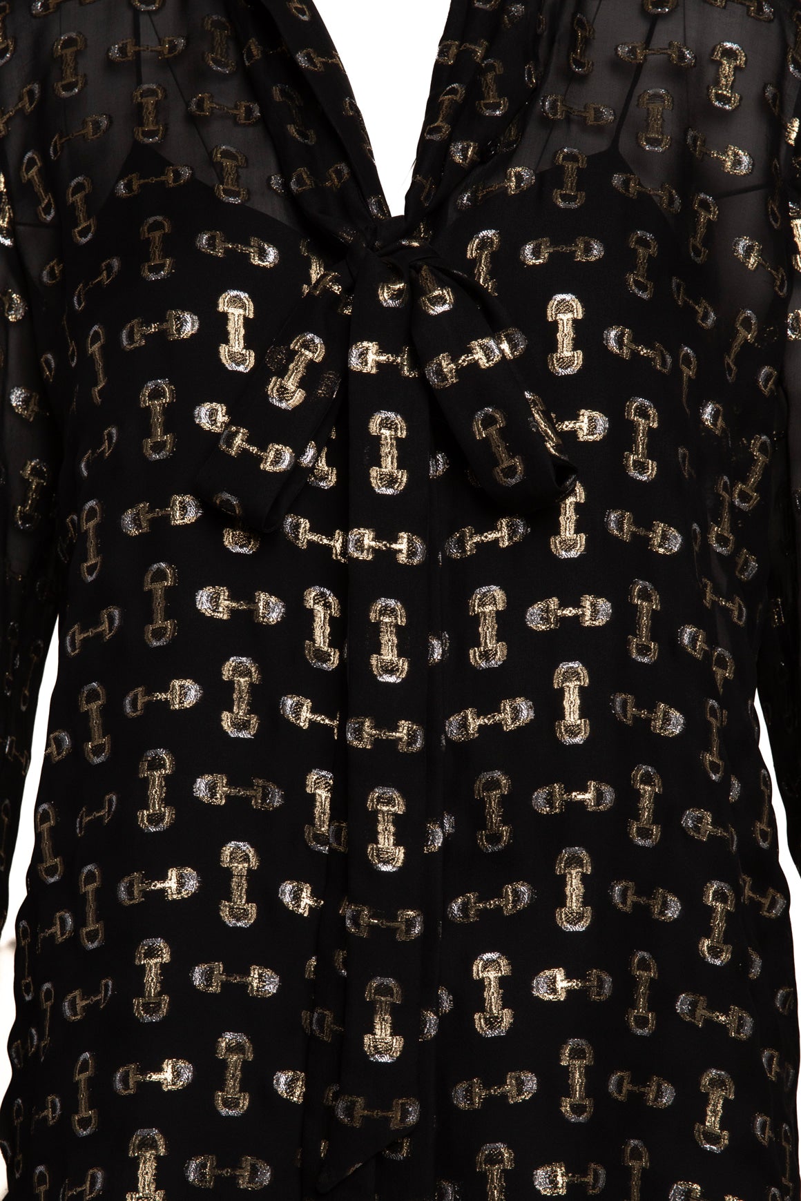 GUCCI Metallic Horse-Bit Tie Neck Silk Top (Sz. 42/6)