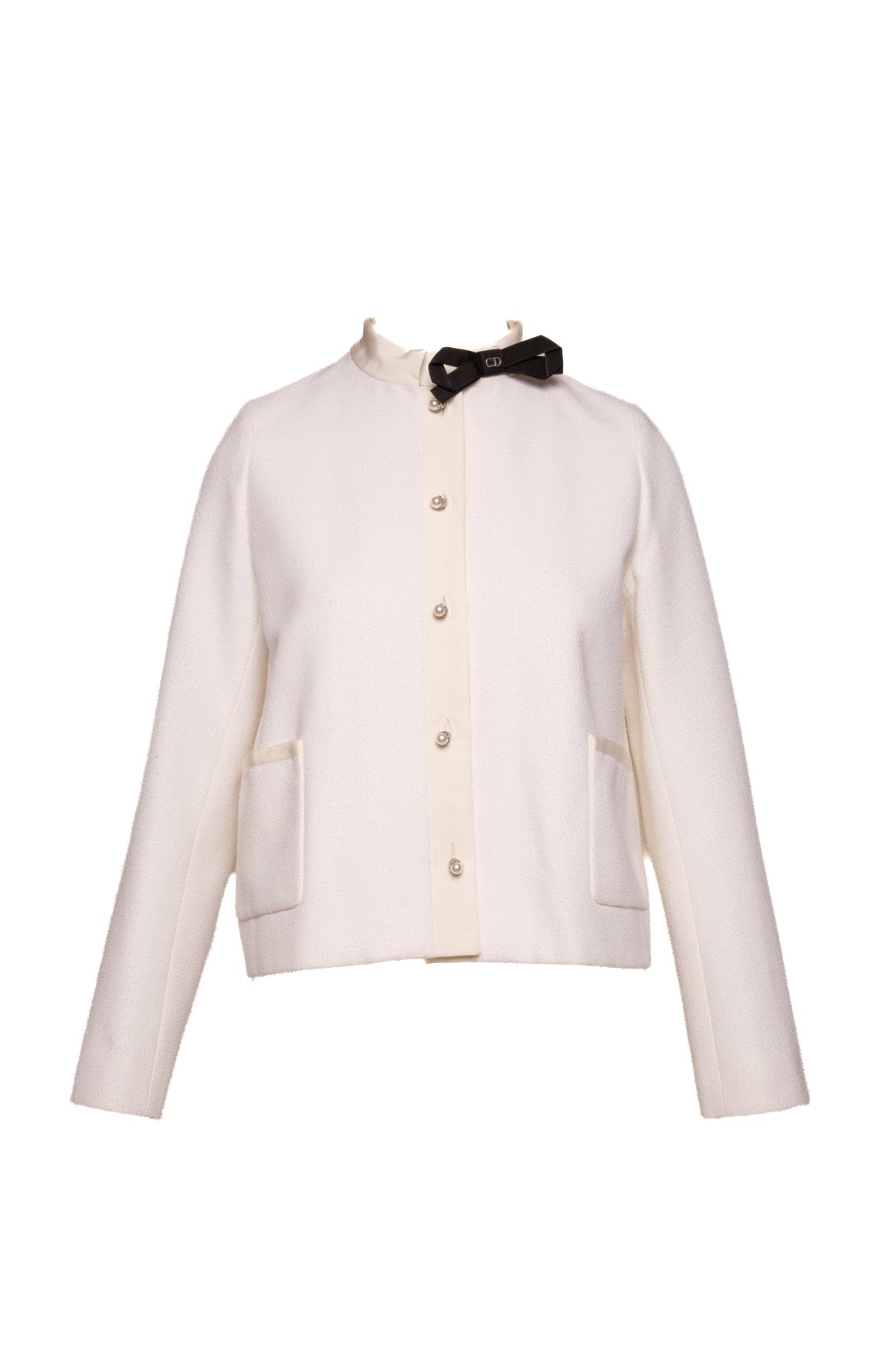 CHRISTIAN DIOR White CD Knit Bow Pearl Jacket (Sz. 10)