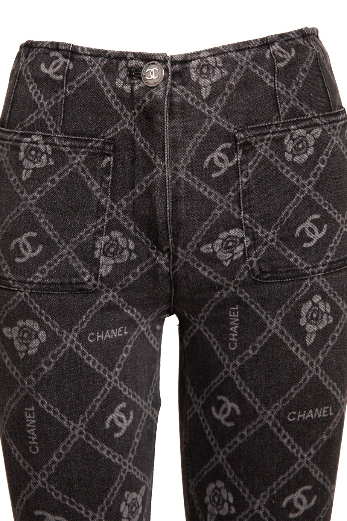 CHANEL Charcoal CC & Chain Print Kick Flare Jeans (Sz. 36/4)