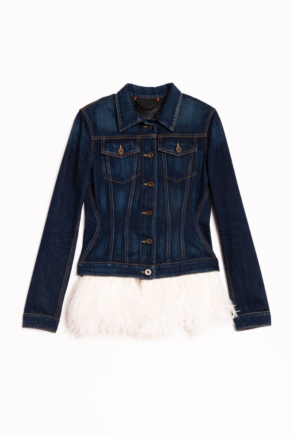 BURBERRY PRORSUM Dark Denim Jacket w/ Feather Trim