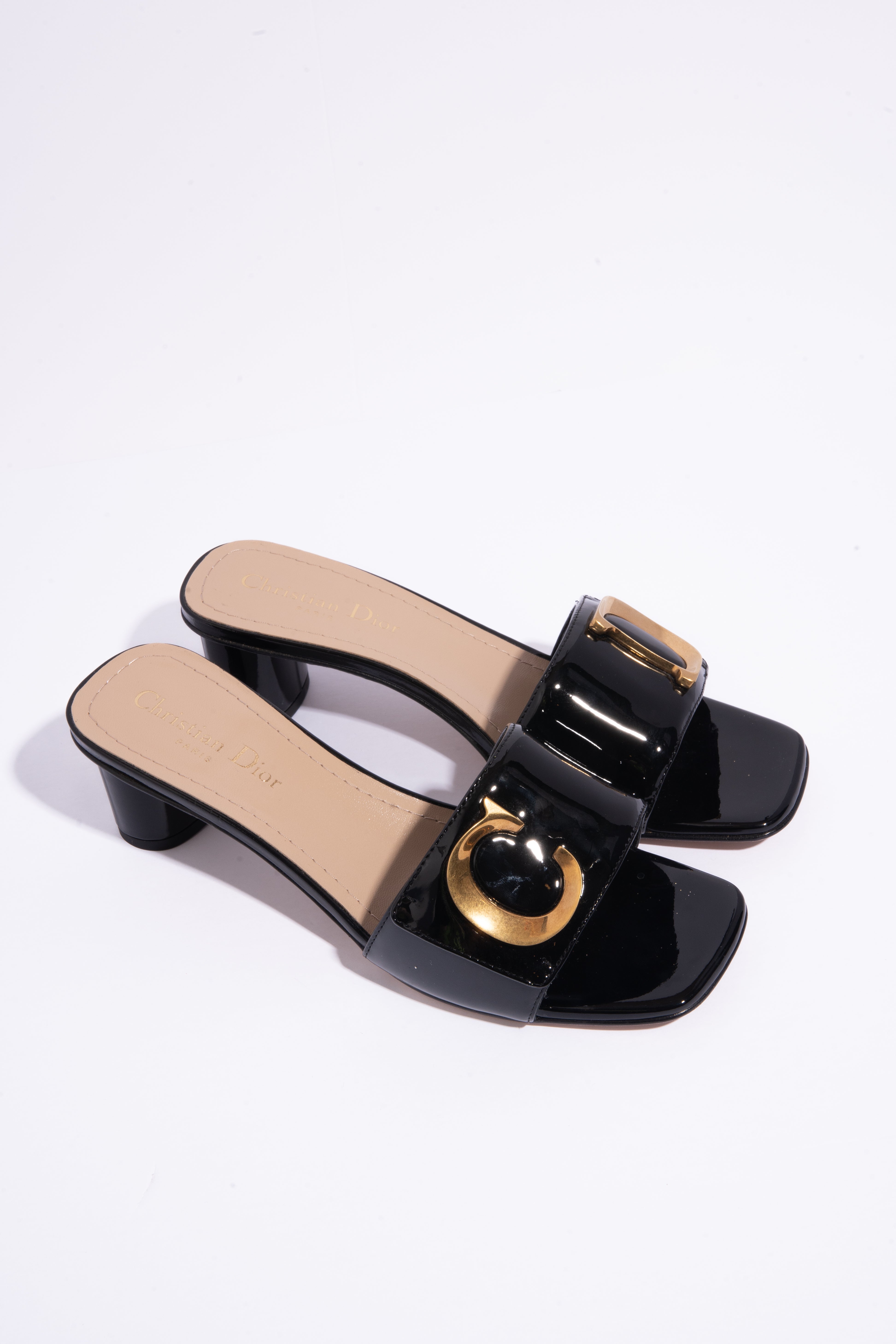 CHRISTIAN DIOR Black Patent CD Mules (Sz. 38)