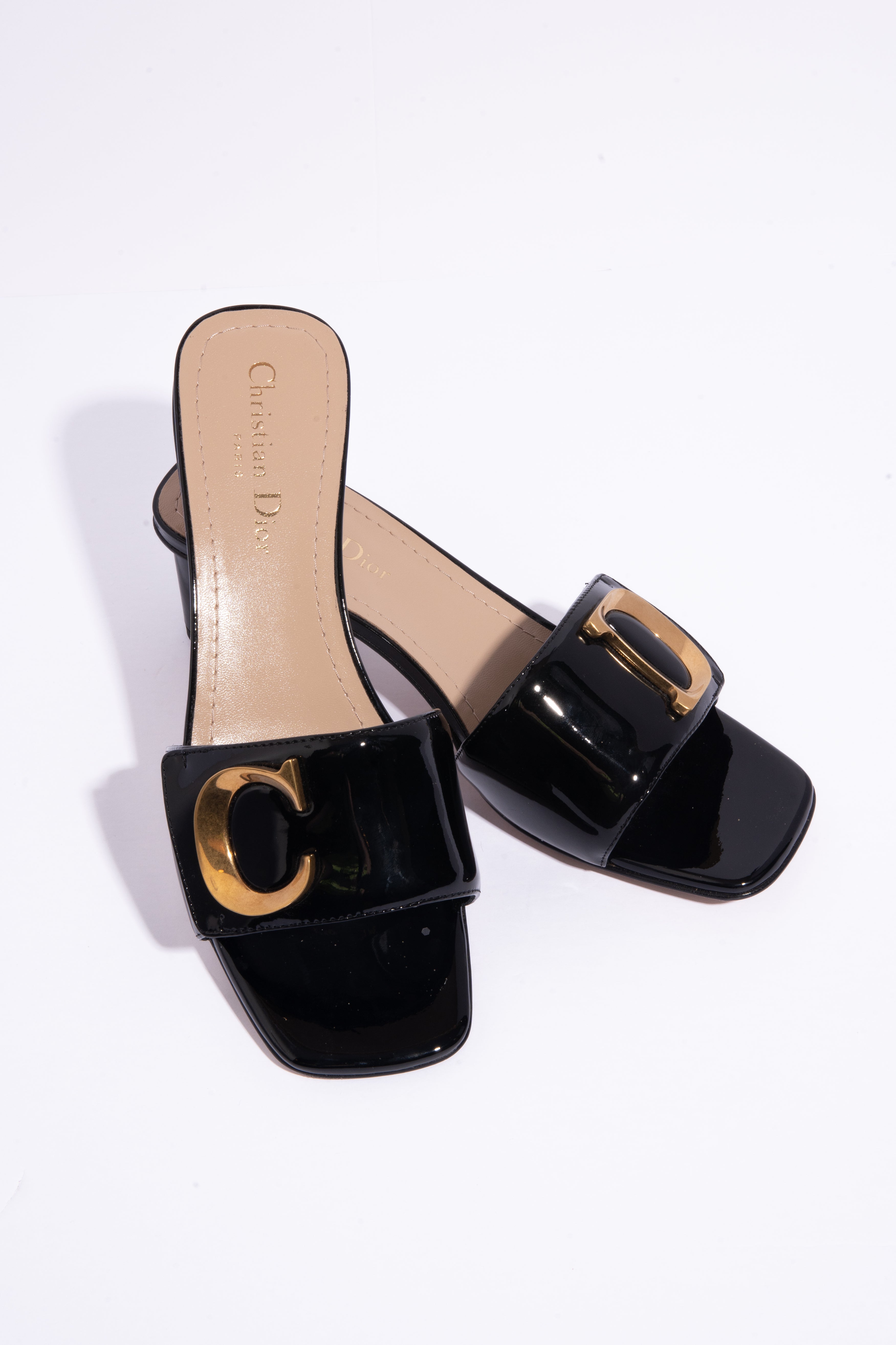 CHRISTIAN DIOR Black Patent CD Mules (Sz. 38)