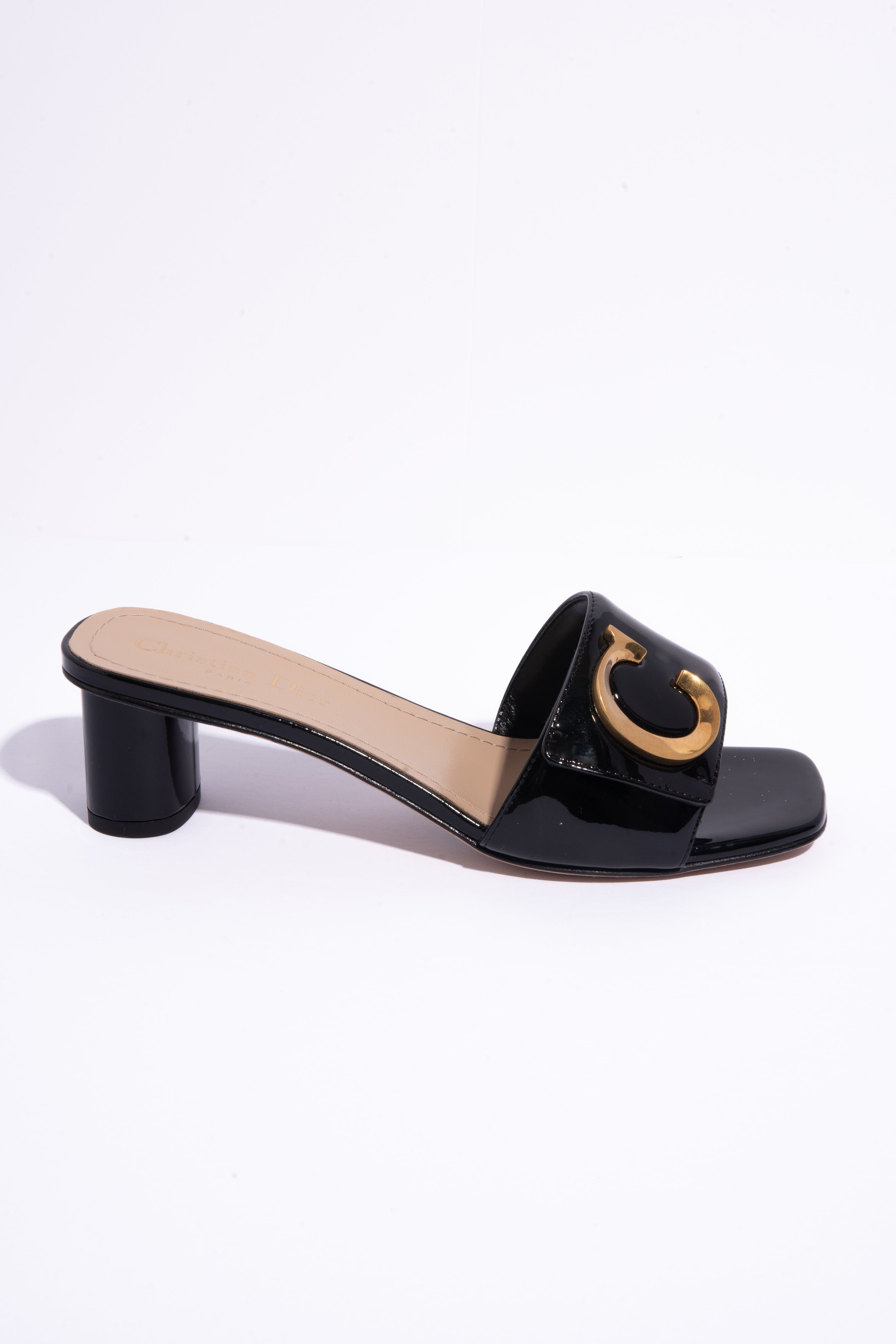 CHRISTIAN DIOR Black Patent CD Mules (Sz. 38)