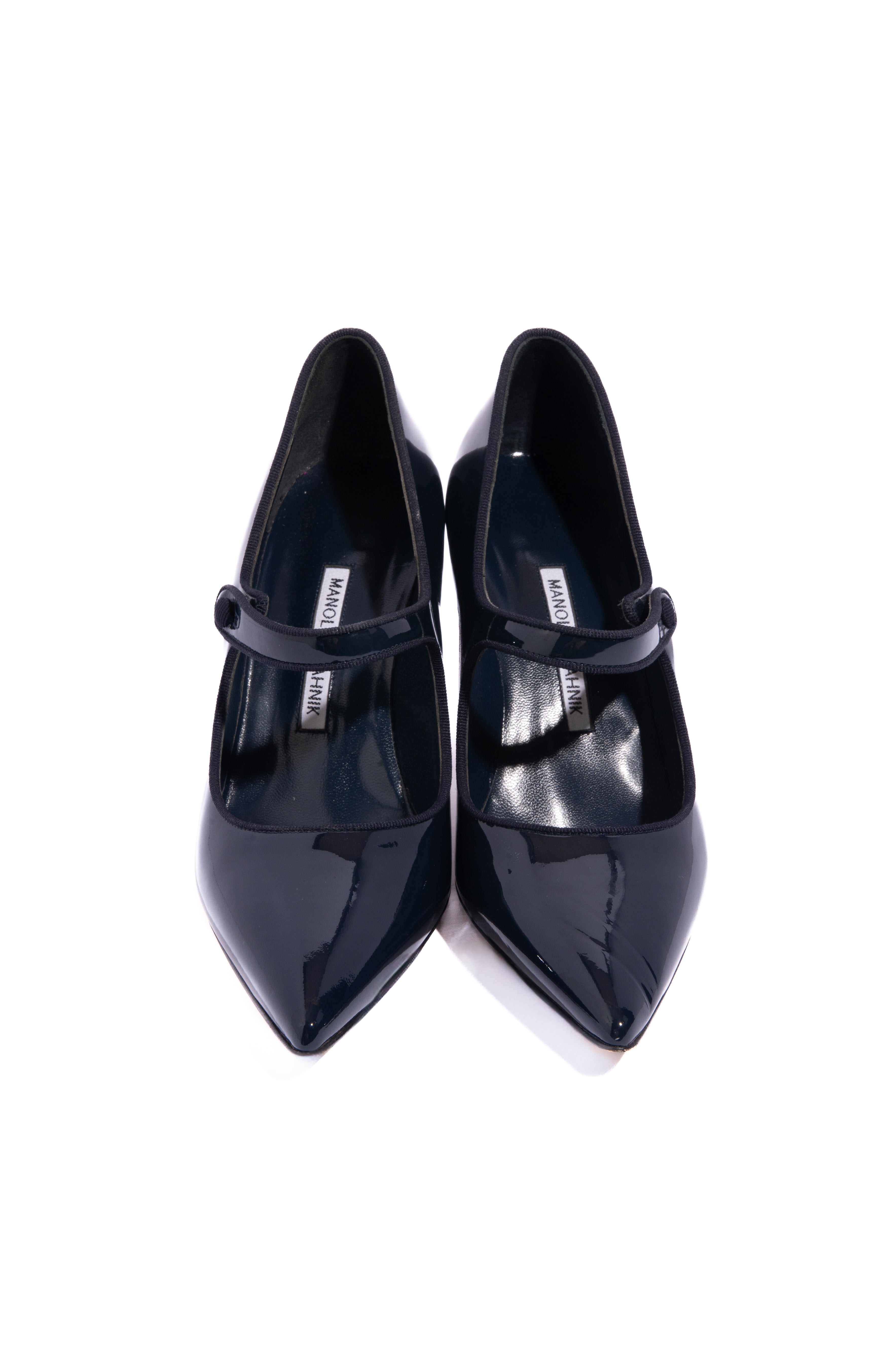 MANOLO BLAHNIK Navy Patent Mary Jane Pumps (Sz. 39)