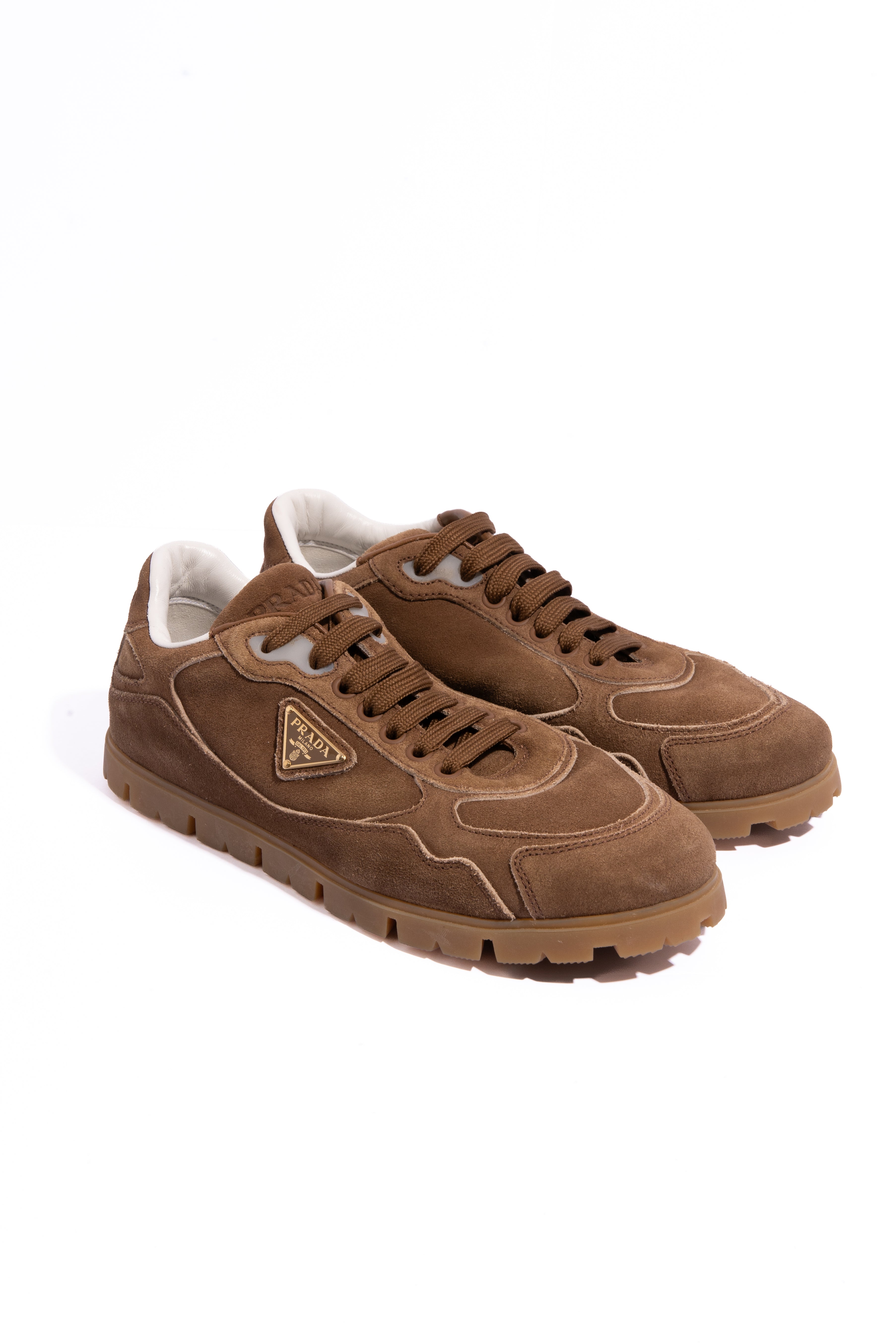 PRADA 2026 Camel Trail Faded Suede Sneaker (Sz. 38)