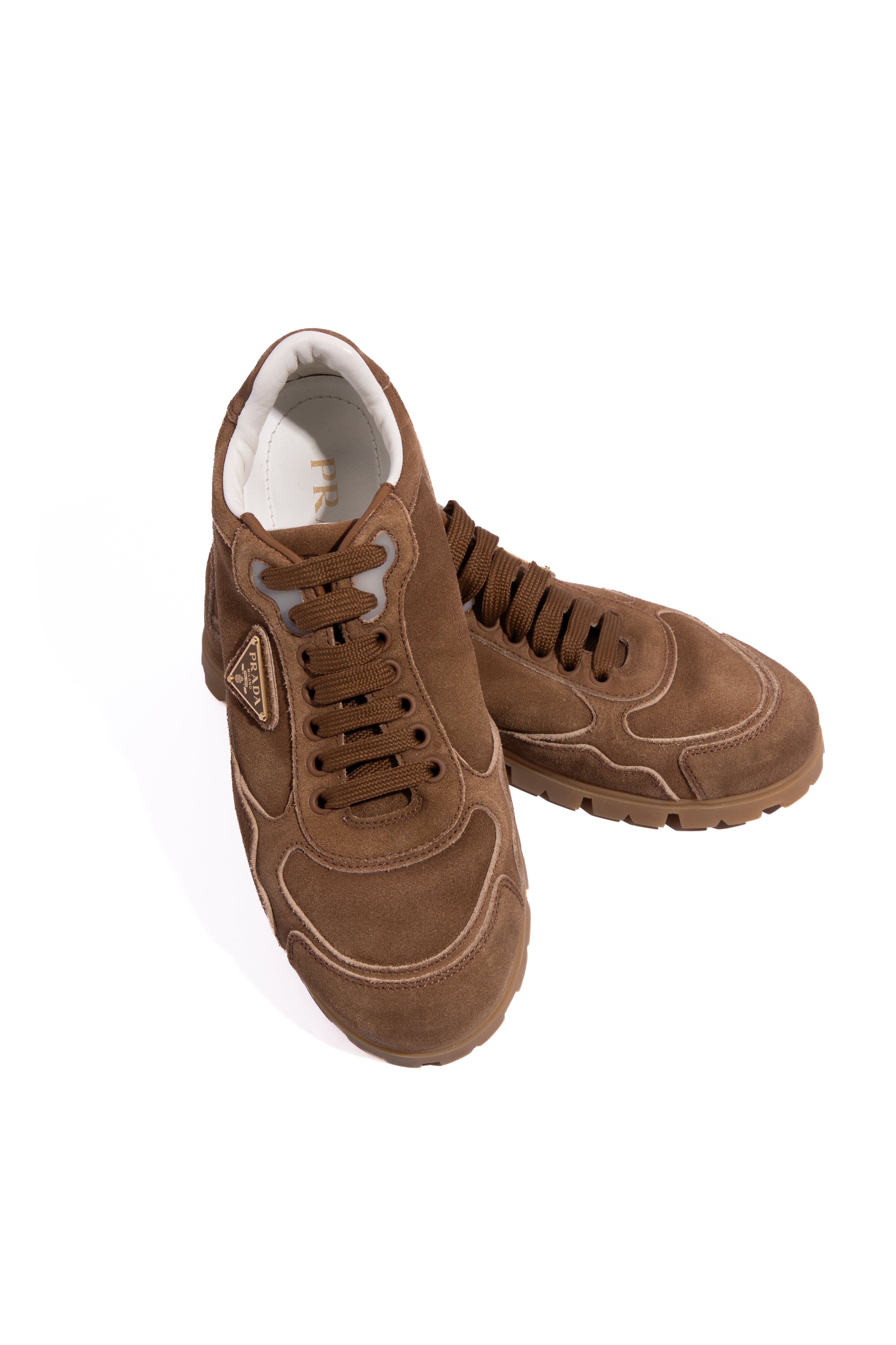 PRADA 2026 Camel Trail Faded Suede Sneaker (Sz. 38)