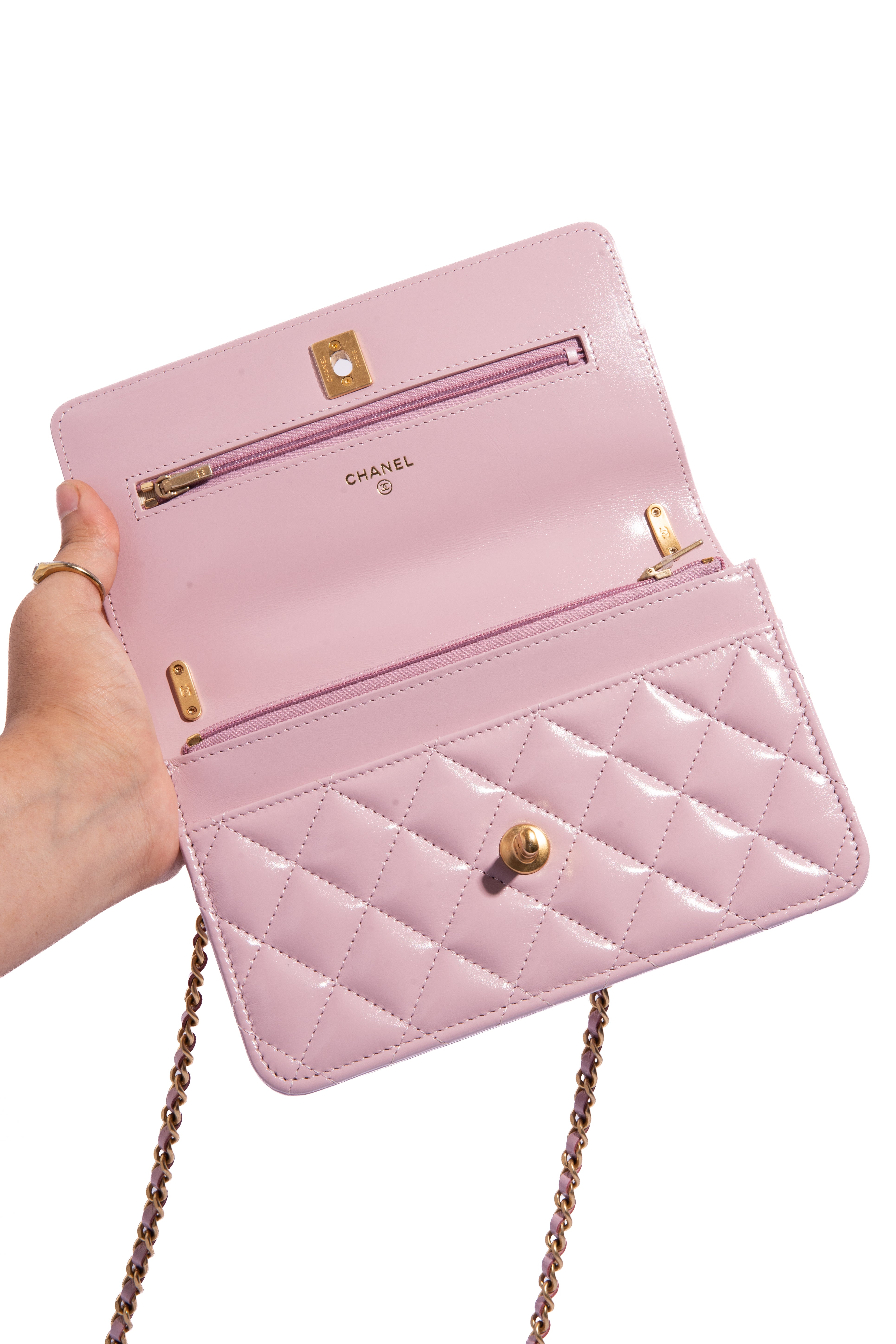 CHANEL Pink Rose Mini Quilted Lambskin Gold Knot WOC