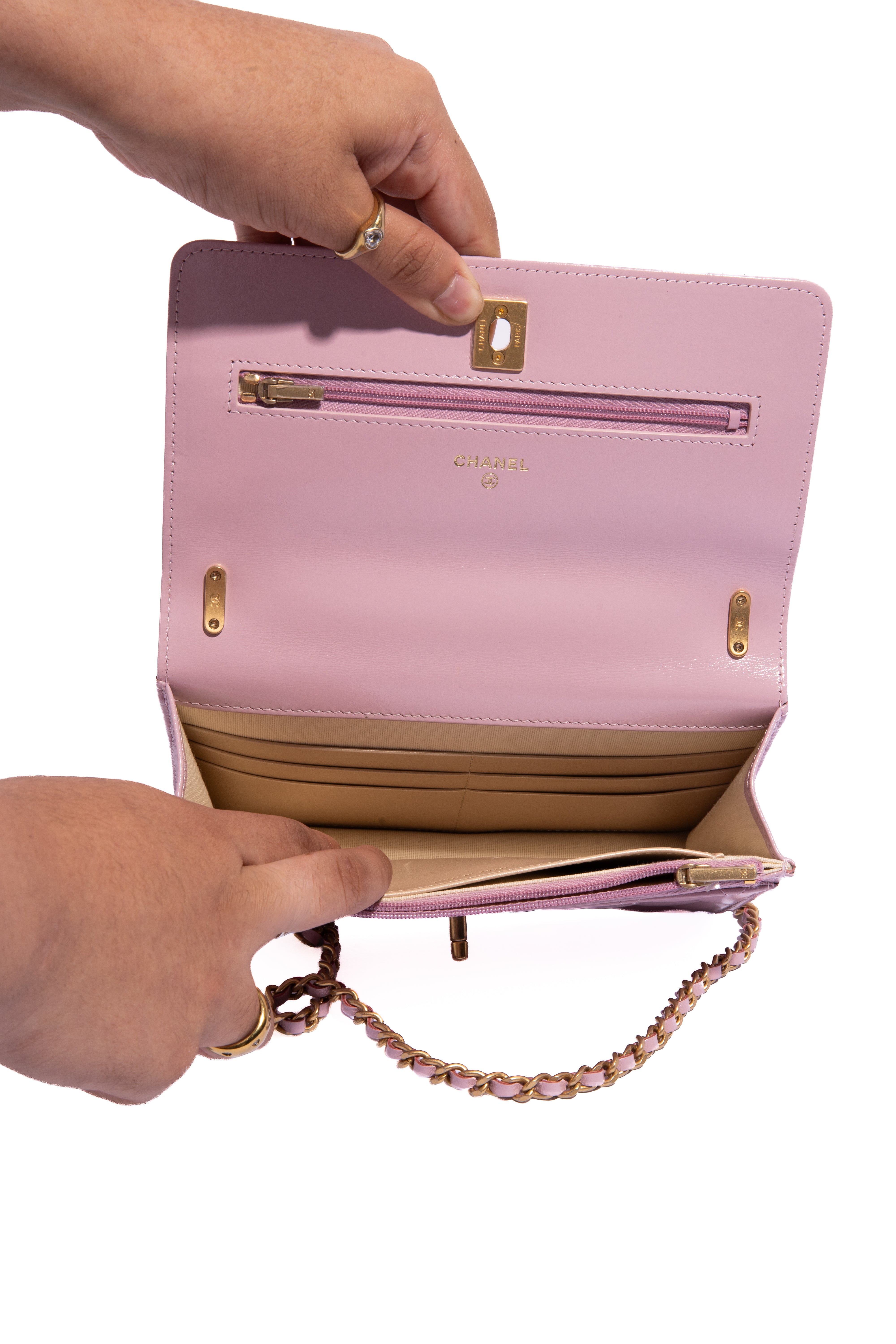 CHANEL Pink Rose Mini Quilted Lambskin Gold Knot WOC