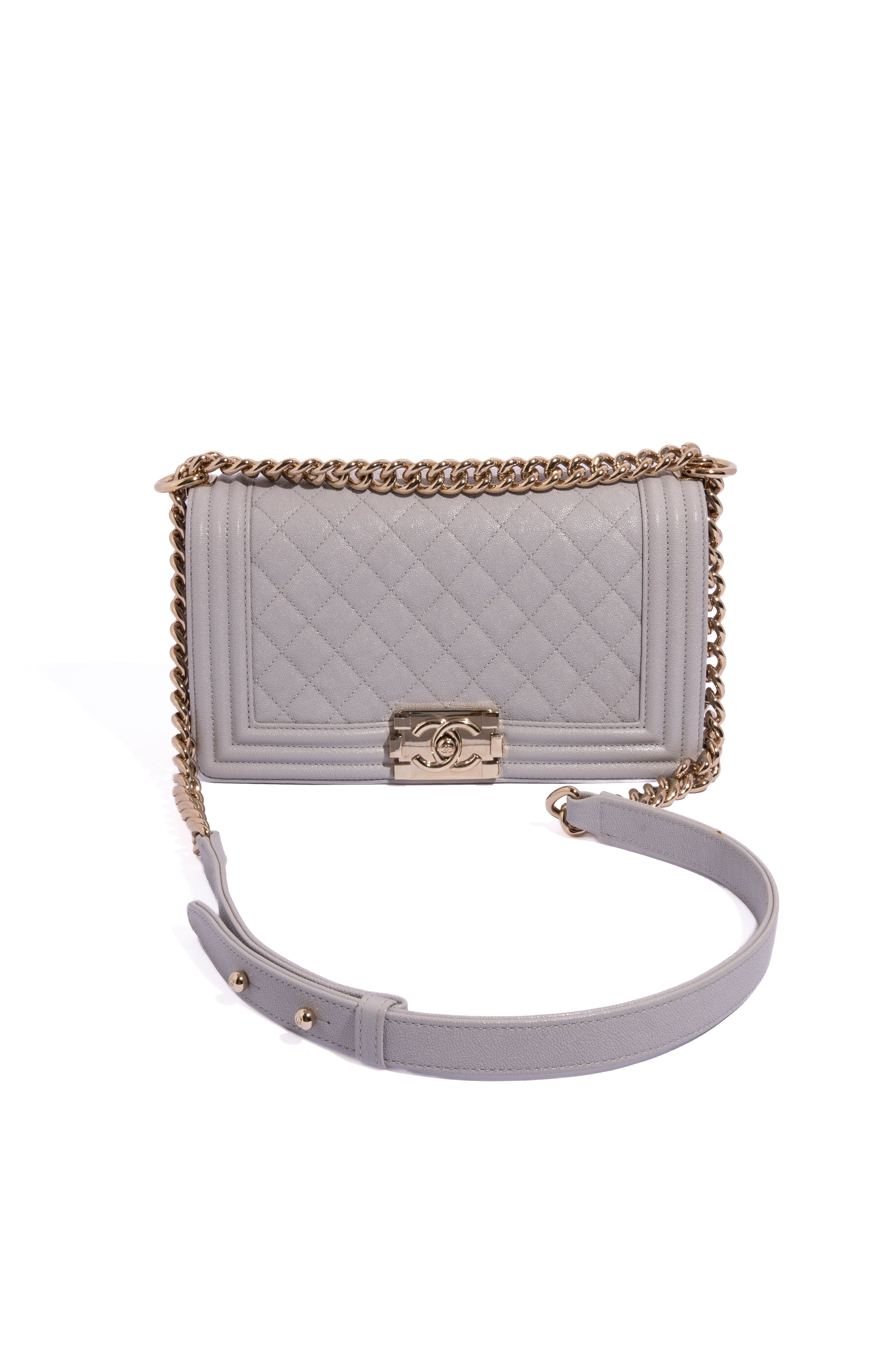 CHANEL 2019 Lt Grey Caviar Quilted Medium Boy Bag