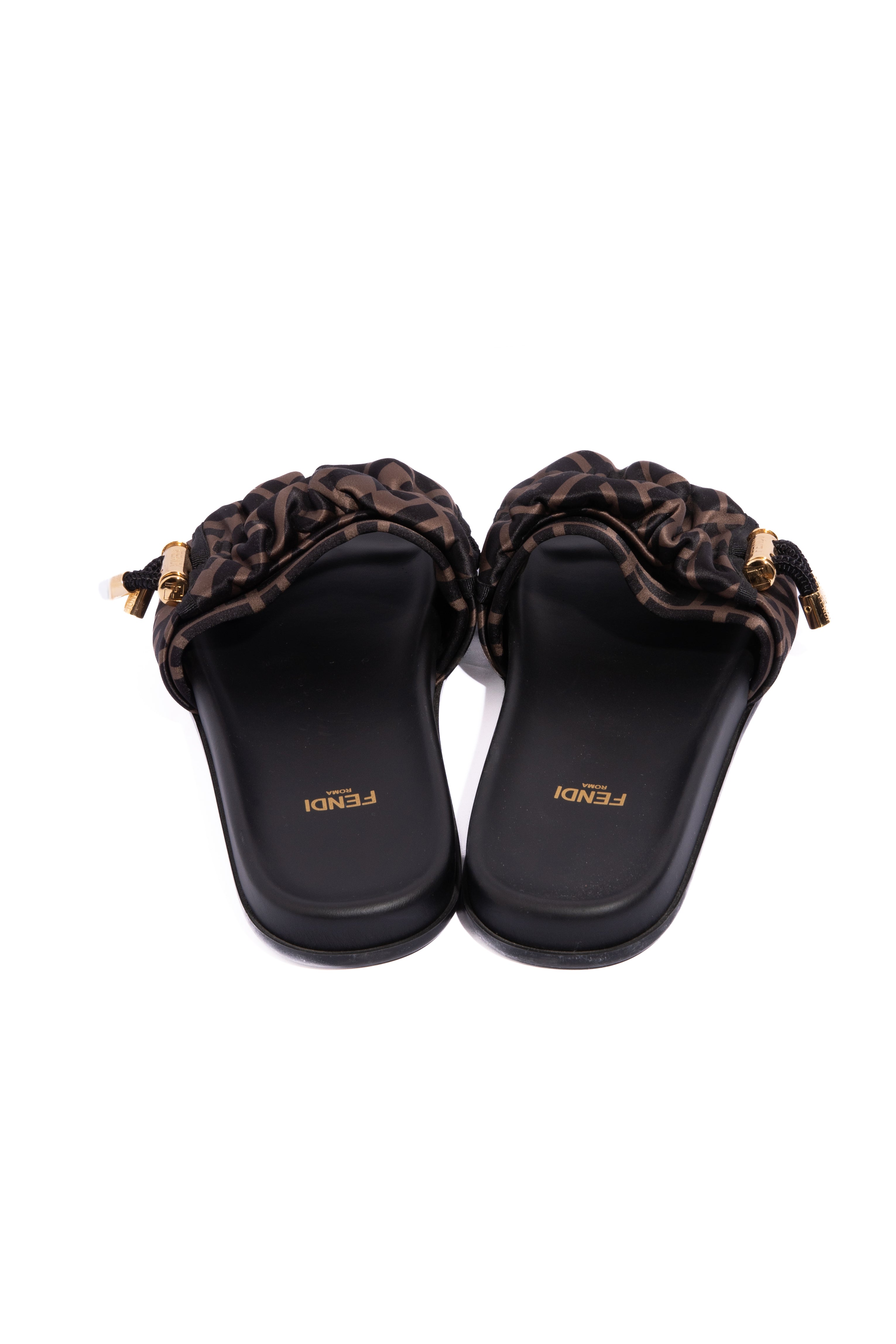 FENDI Brown Satin Gold Toggle Logo Slides (Sz. 36)