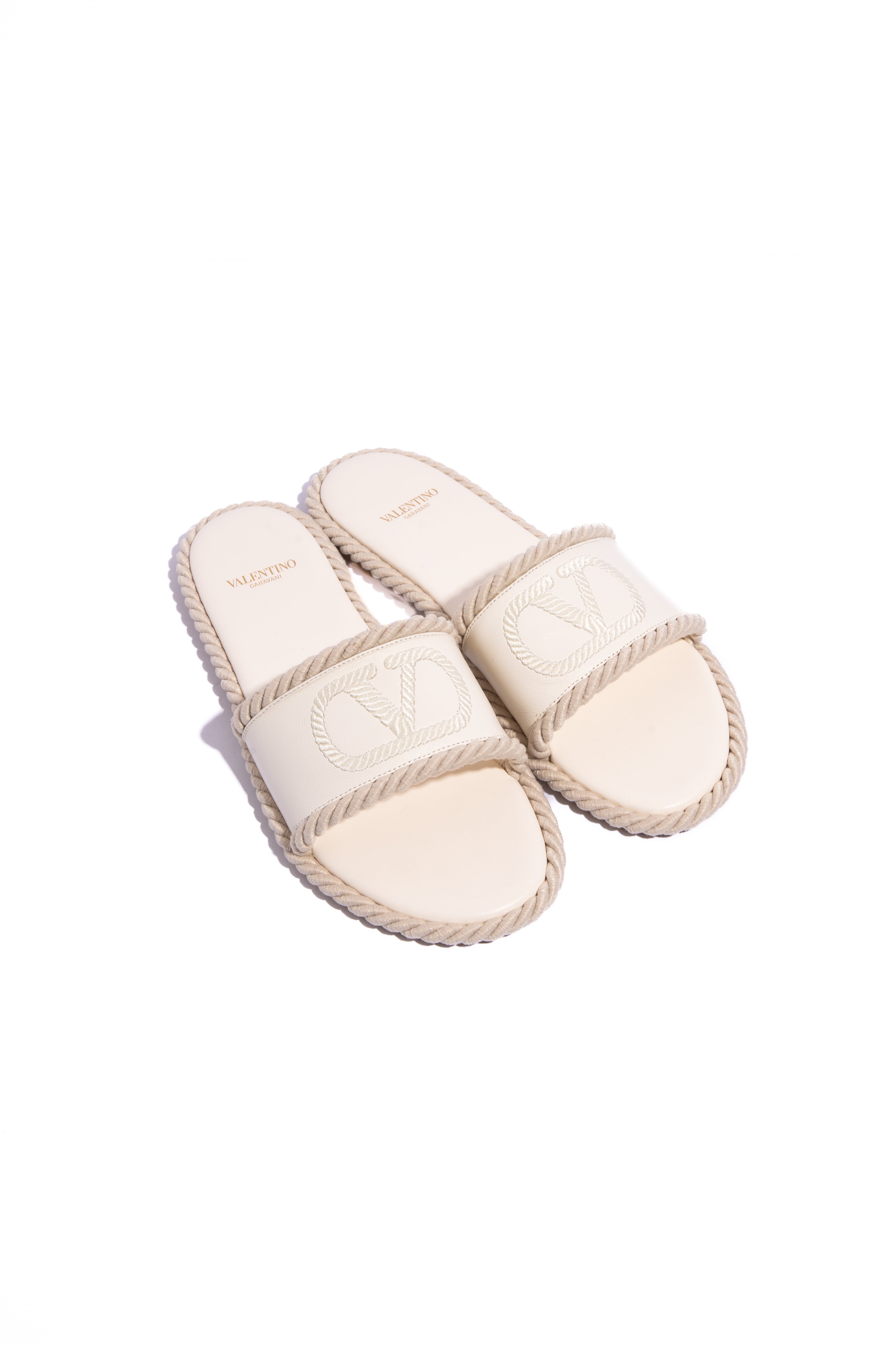 VALENTINO White Leather Torchon Rope Slides (Sz. 38.5)