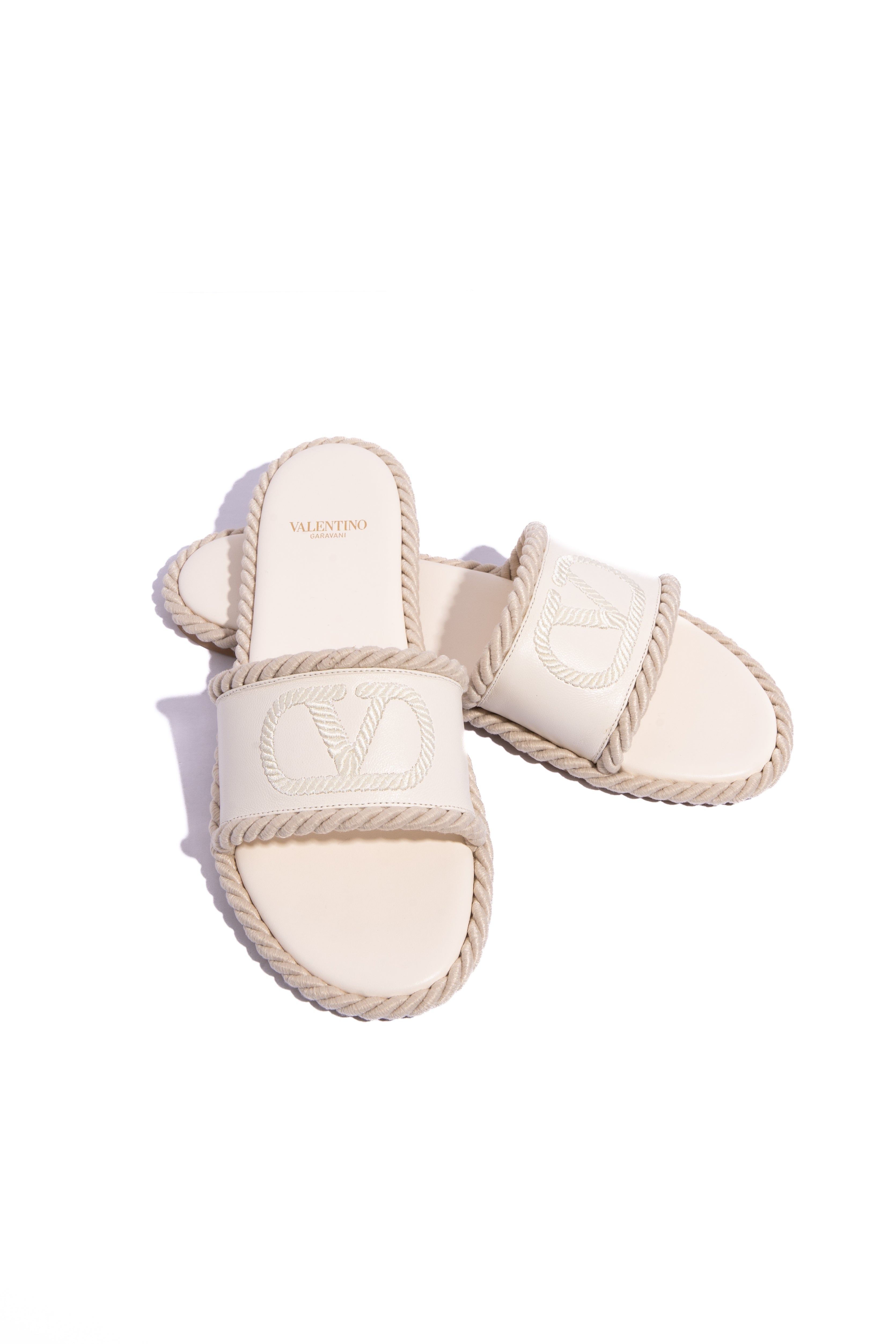 VALENTINO White Leather Torchon Rope Slides (Sz. 38.5)