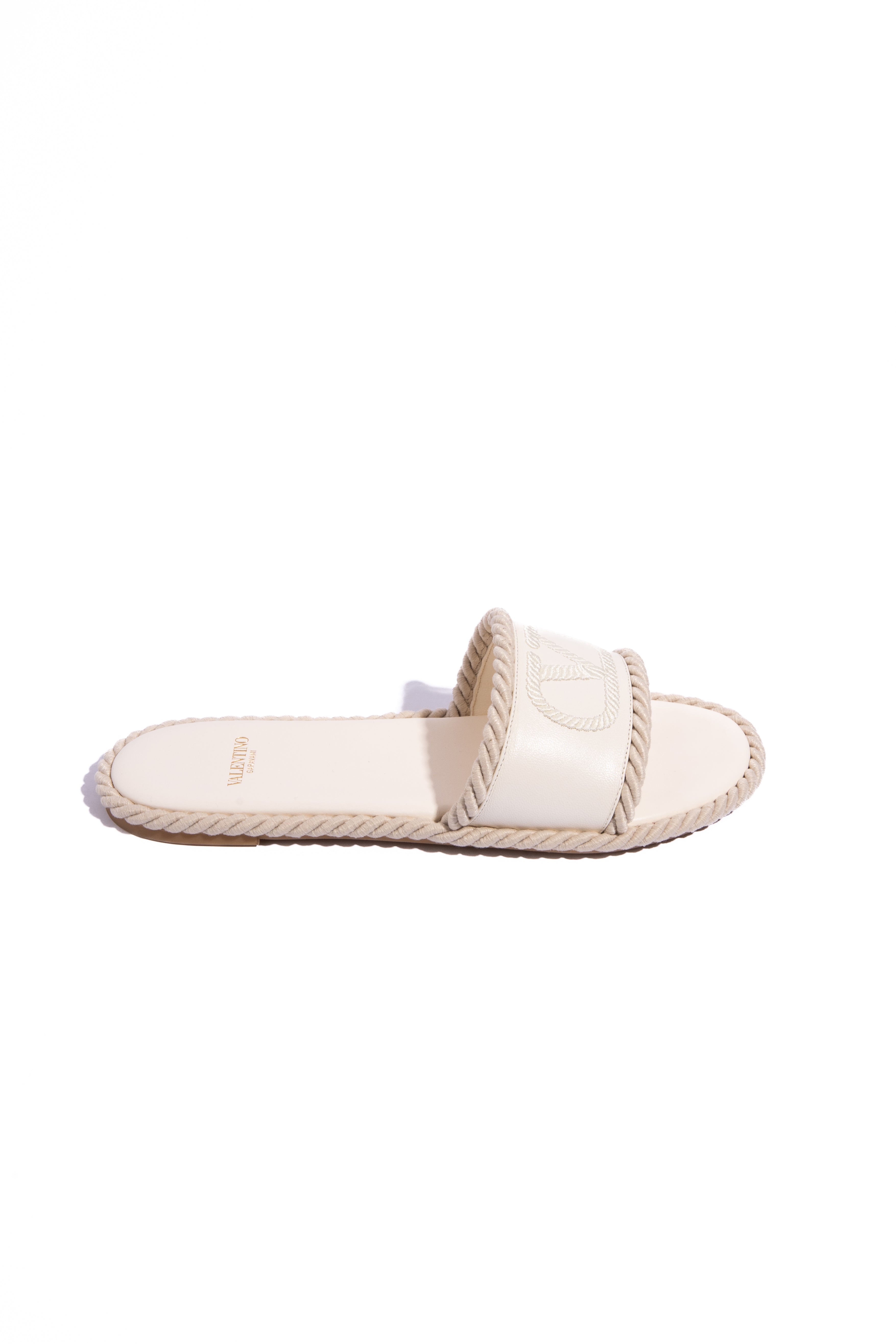 VALENTINO White Leather Torchon Rope Slides (Sz. 38.5)