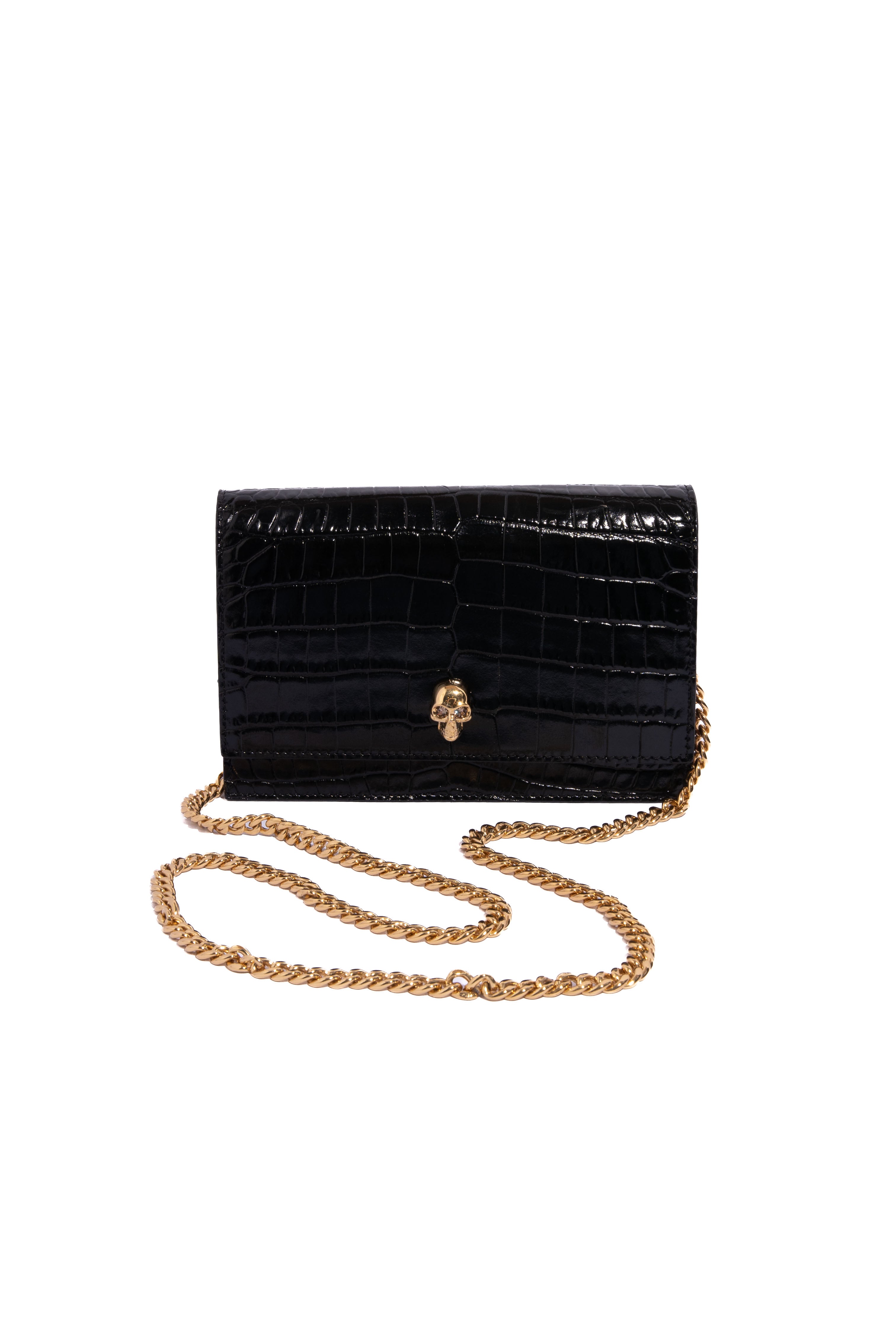 ALEXANDER MCQUEEN Blk Croc Embossed Small Skull Crossbody