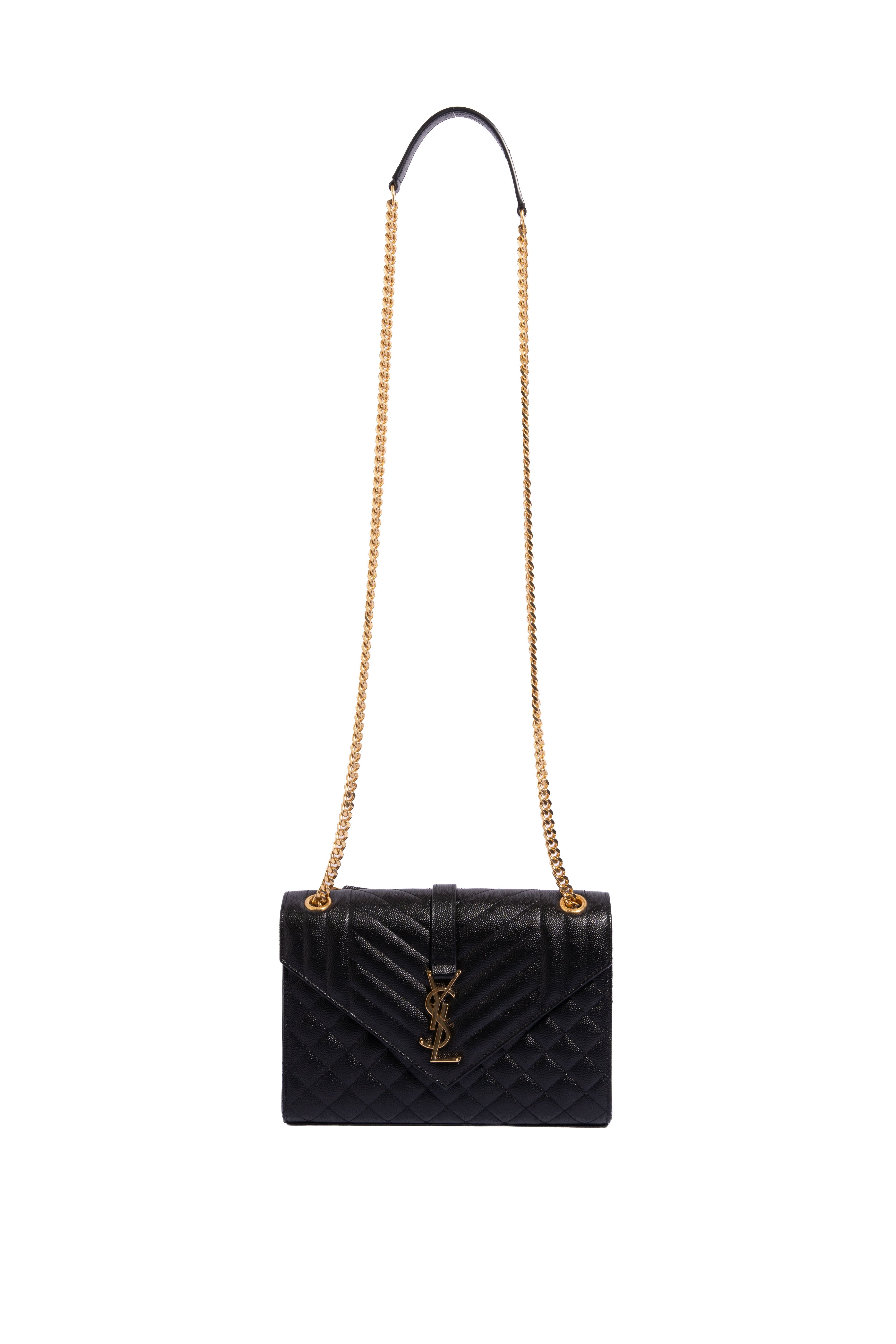 SAINT LAURENT 2022 Black Grained 'Medium Envelope' YSL Chain Bag