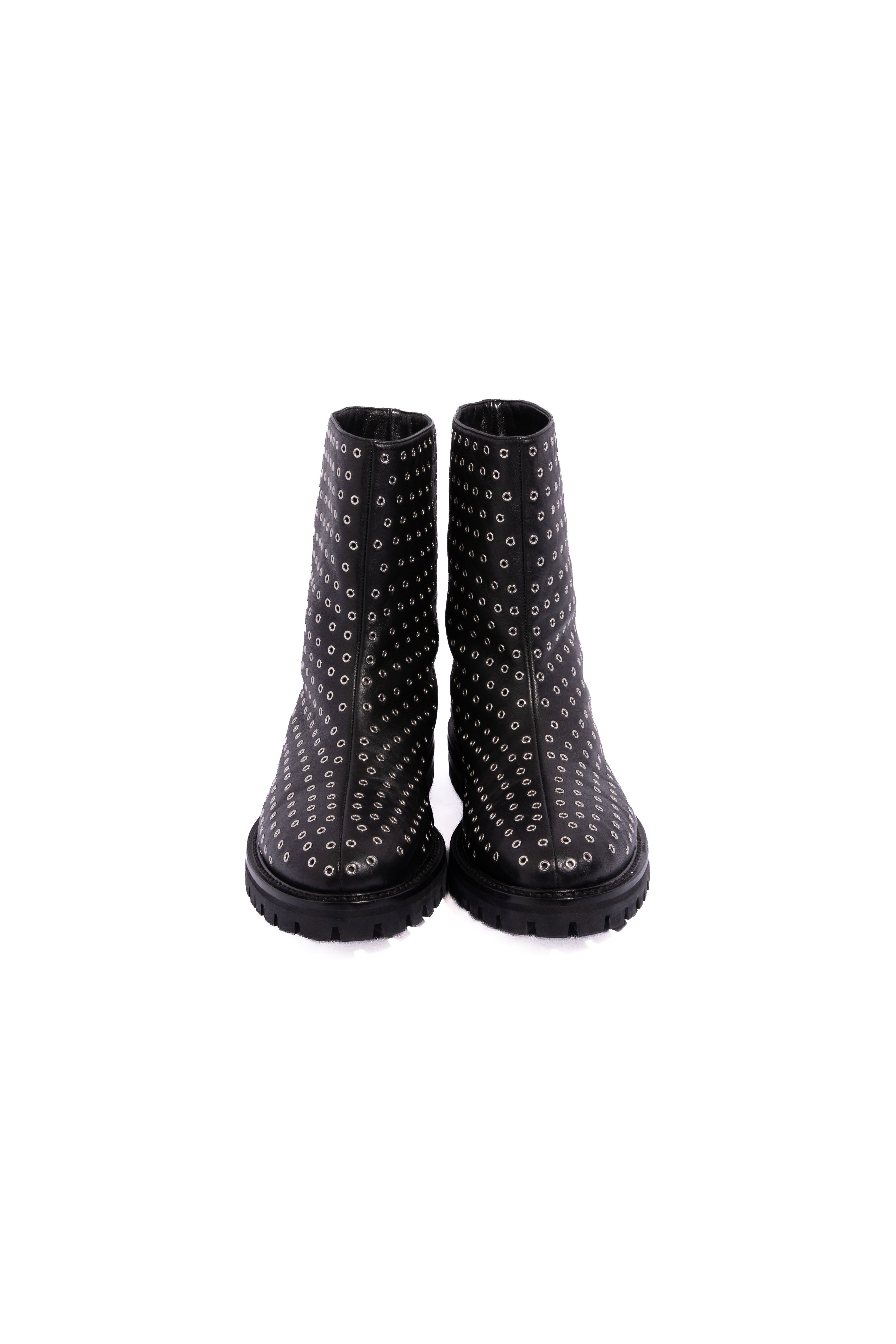 ALAIA 2024 Black Silver Grommet Moto Wellington Ankle Boots | Sz 39.5