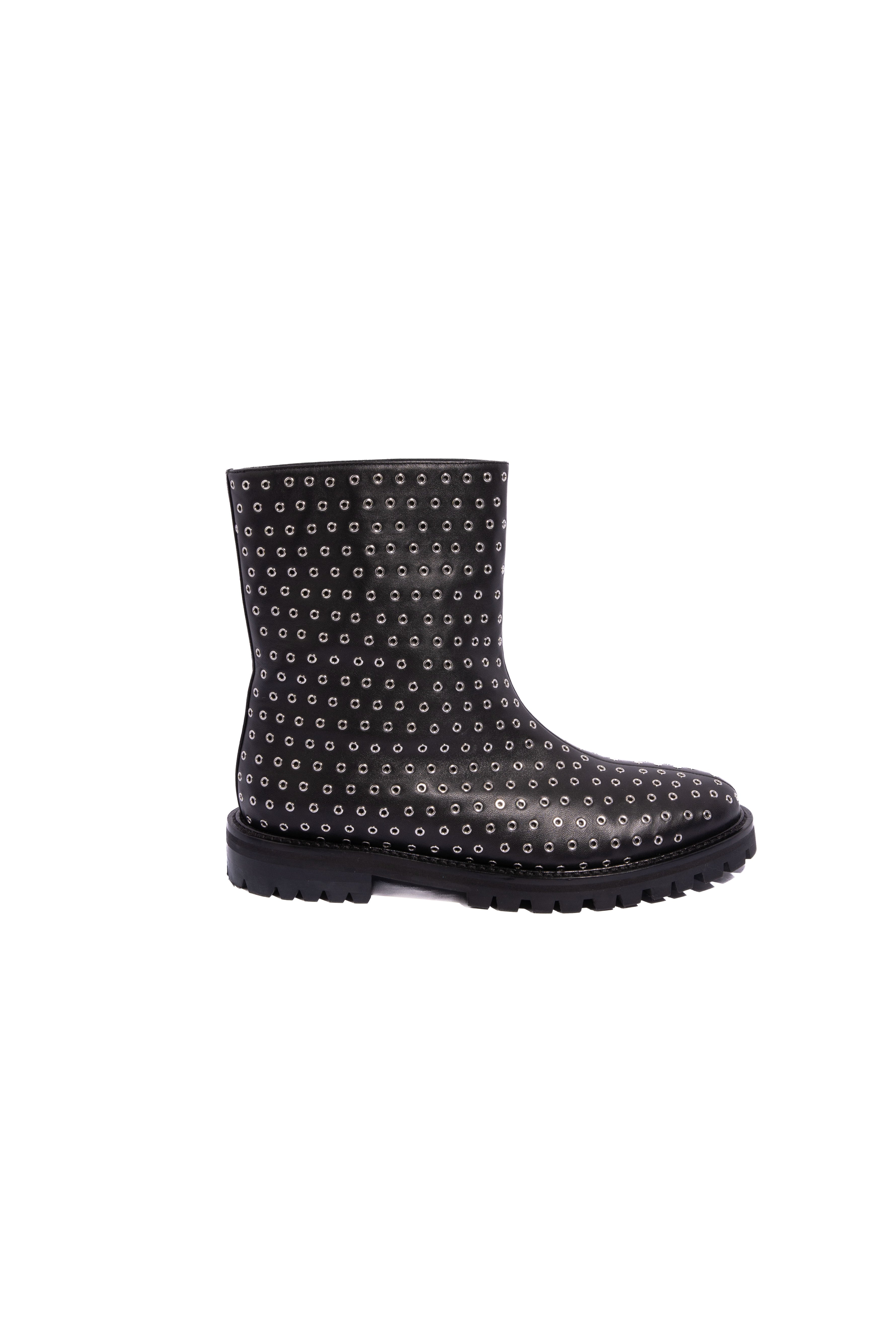 ALAIA 2024 Black Silver Grommet Moto Wellington Ankle Boots | Sz 39.5