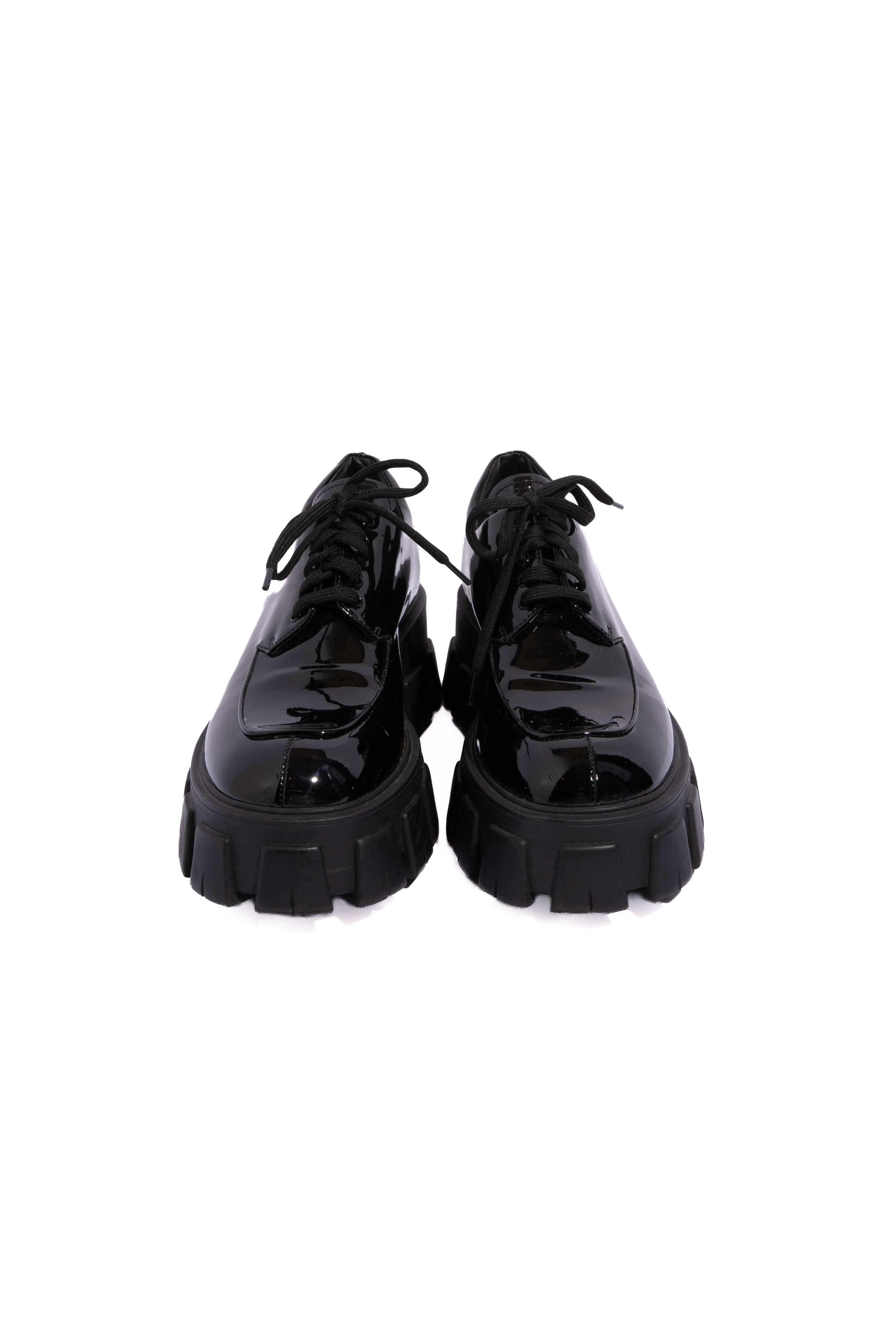 PRADA Black Patent Leather Monolith Lace Up Loafer | Sz 40