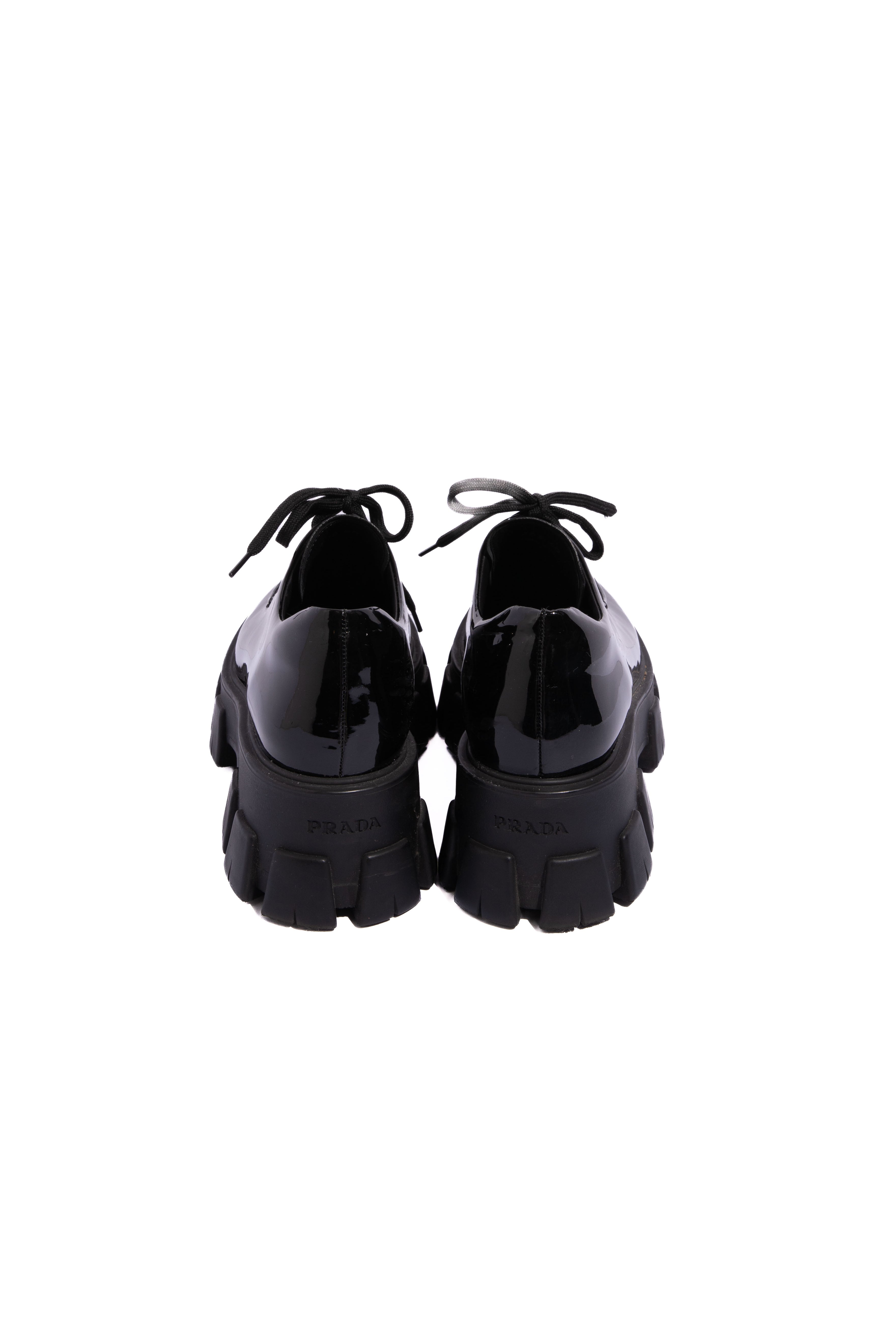 PRADA Black Patent Leather Monolith Lace Up Loafer | Sz 40