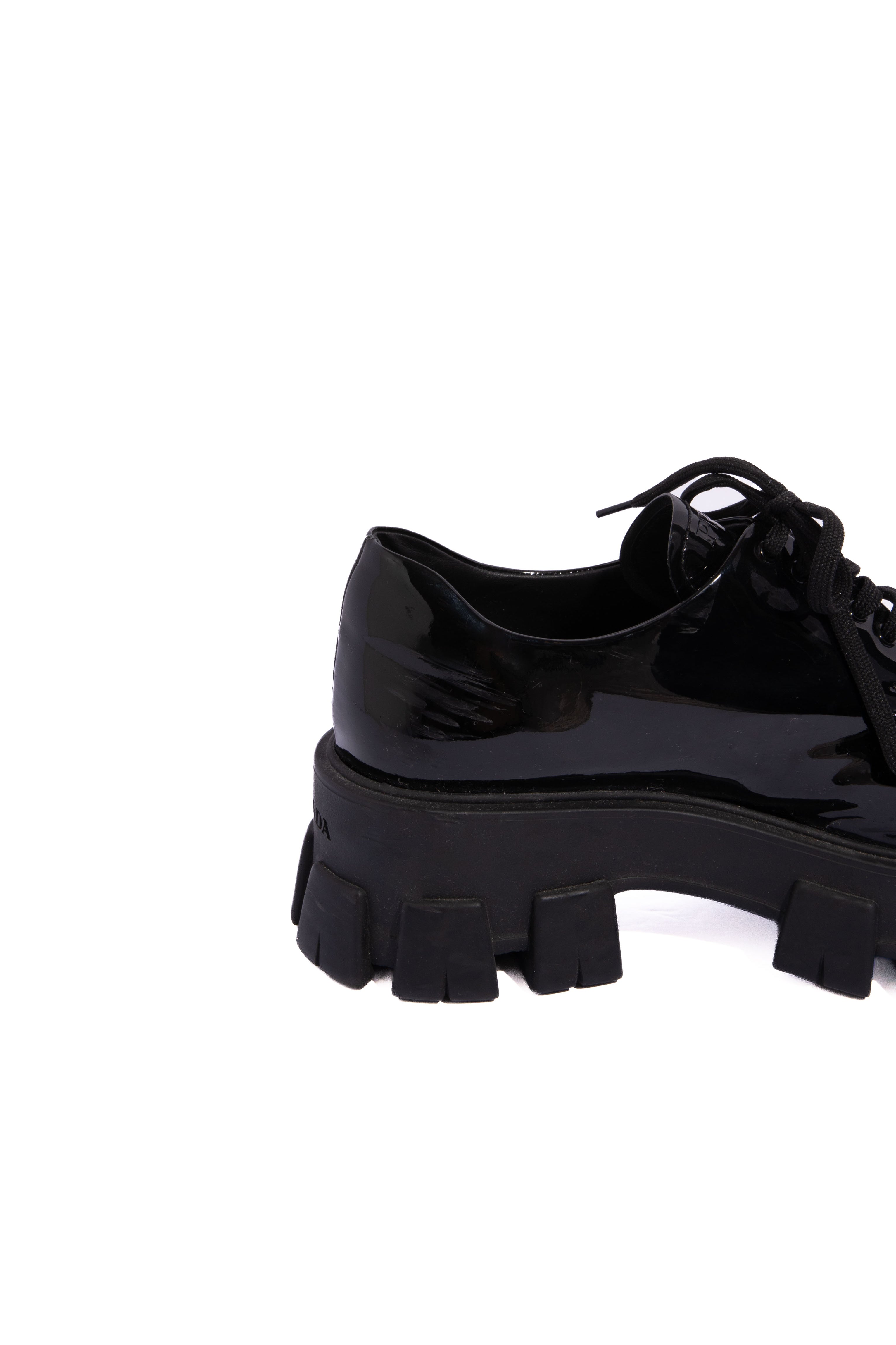 PRADA Black Patent Leather Monolith Lace Up Loafer | Sz 40