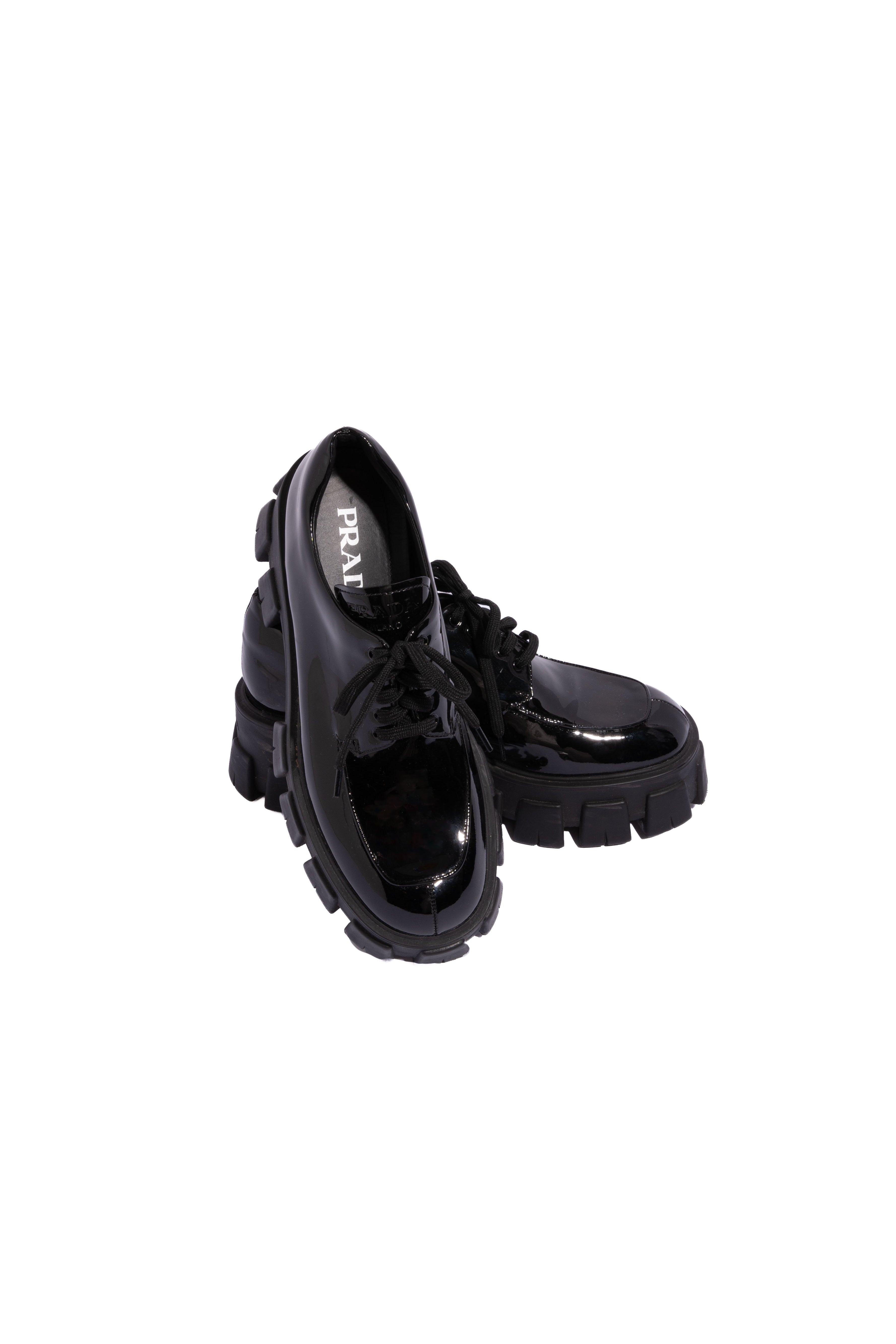 PRADA Black Patent Leather Monolith Lace Up Loafer | Sz 40