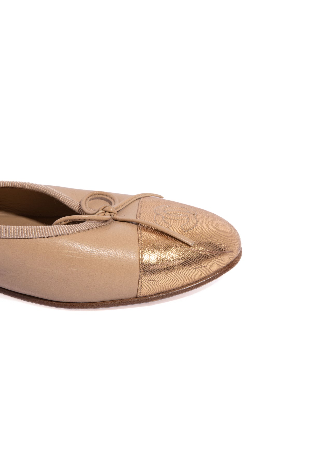 CHANEL Beige/Gold CC Cap Toe Ballet Flats | Sz. 37.5