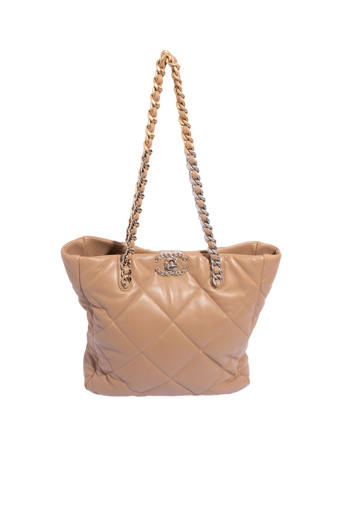 CHANEL Tan Tri-Color Hardware Lambskin 19 Shopping Bag
