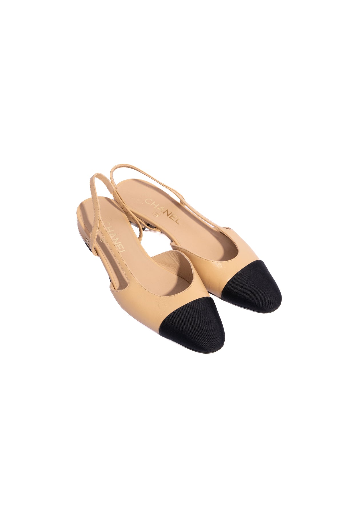 CHANEL Beige/Black Goatskin Grosgrain Cap Toe Slingbacks | Sz 38.5