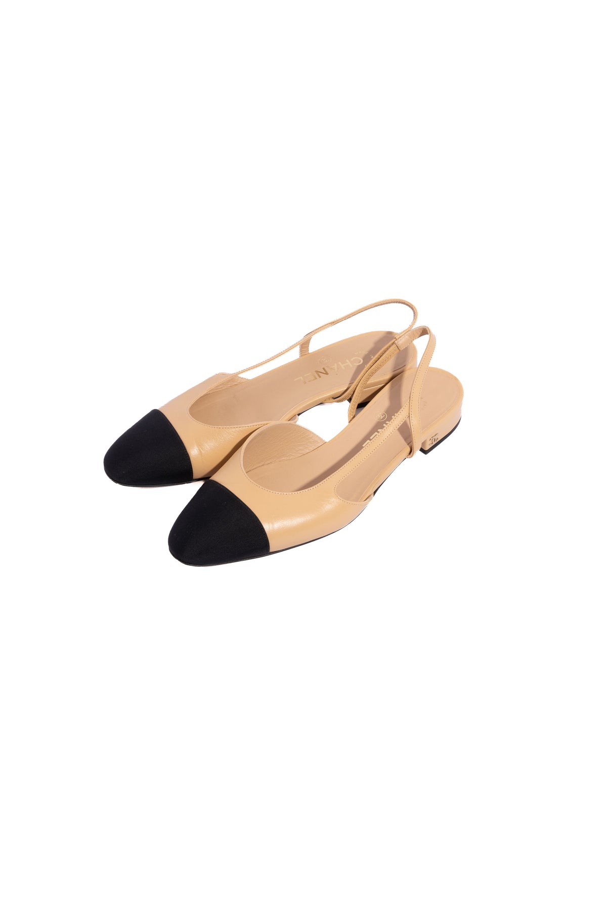 CHANEL Beige/Black Goatskin Grosgrain Cap Toe Slingbacks | Sz 38.5