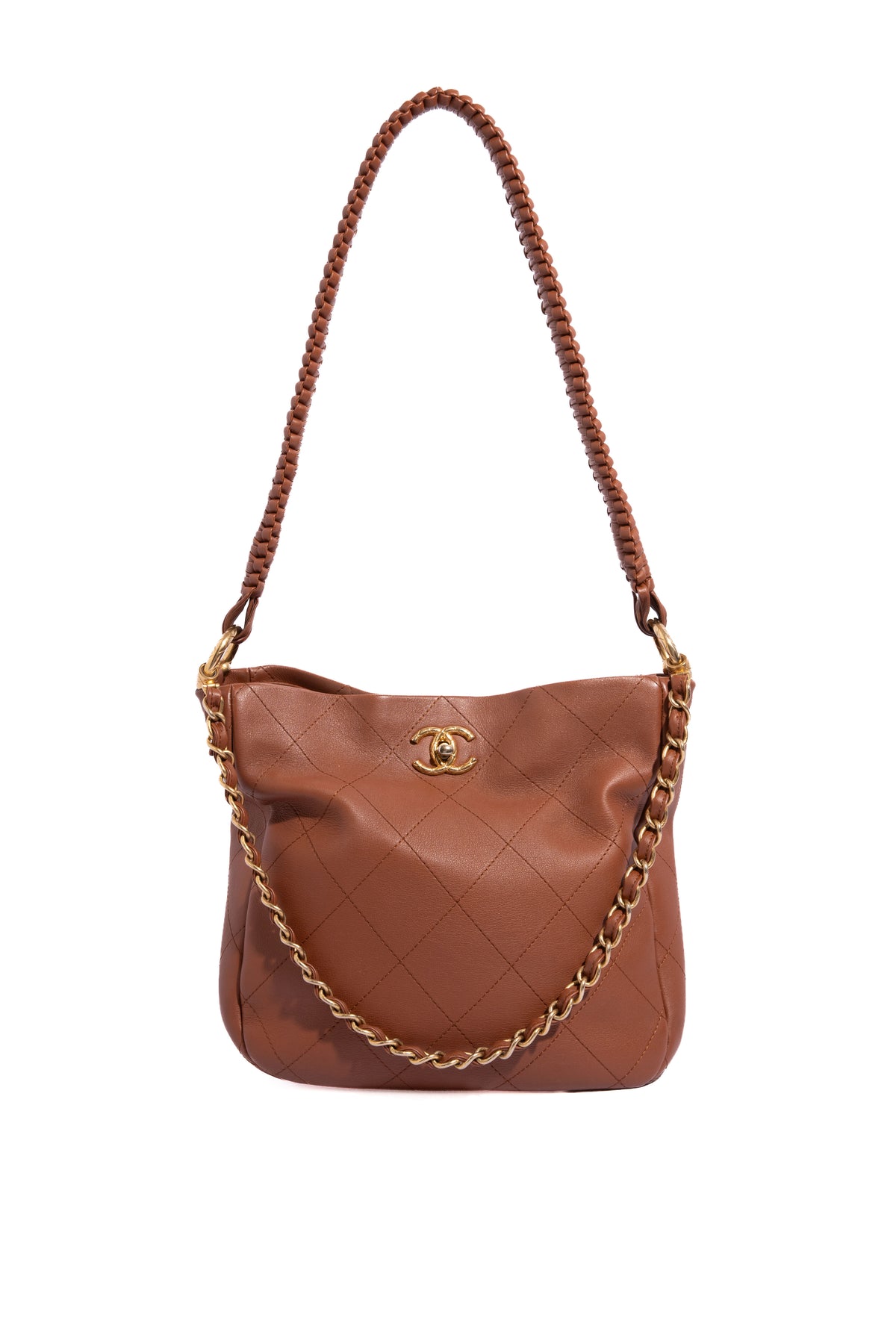 CHANEL 2023 Brwn Quilted Chain Hobo Tote - Small