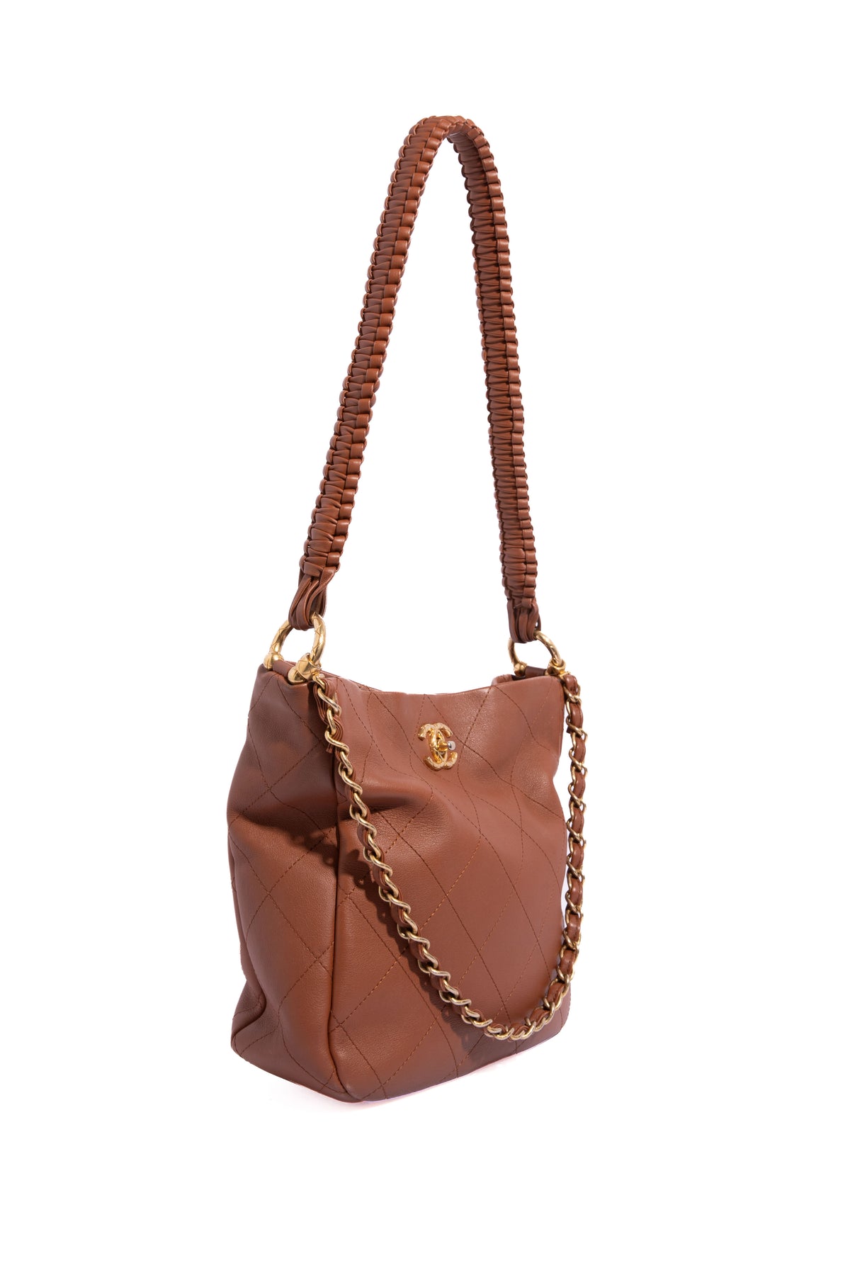 CHANEL 2023 Brwn Quilted Chain Hobo Tote - Small