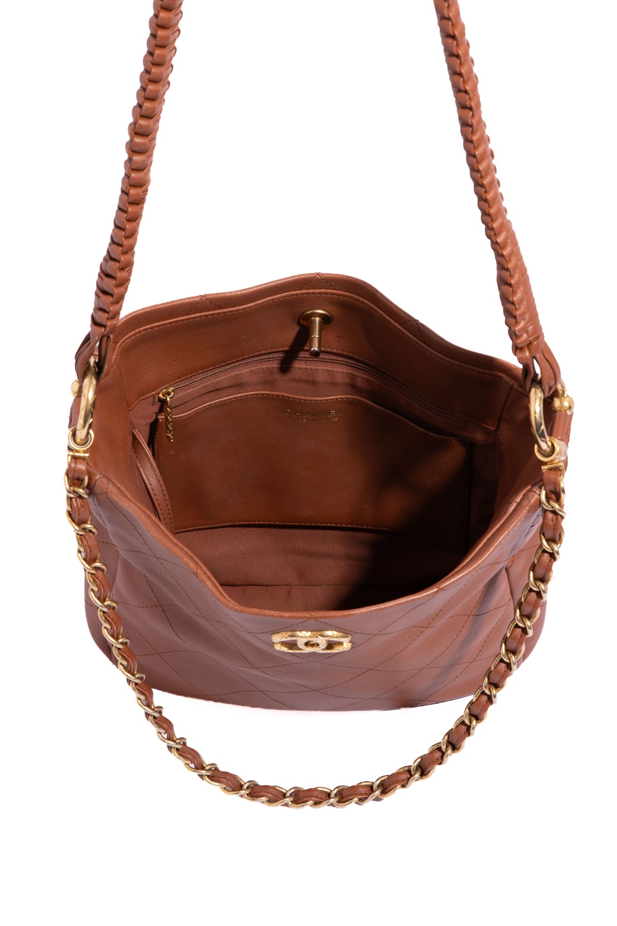 CHANEL 2023 Brwn Quilted Chain Hobo Tote - Small