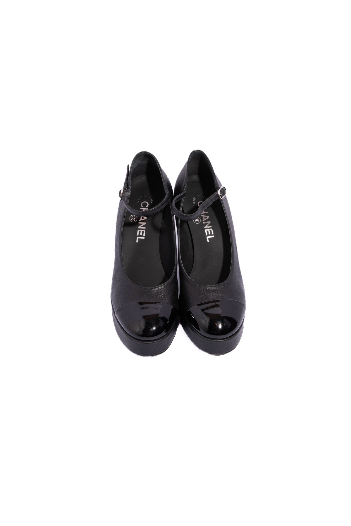 CHANEL Black Patent Cap Toe Mary Jane Platform Pumps | Sz 36