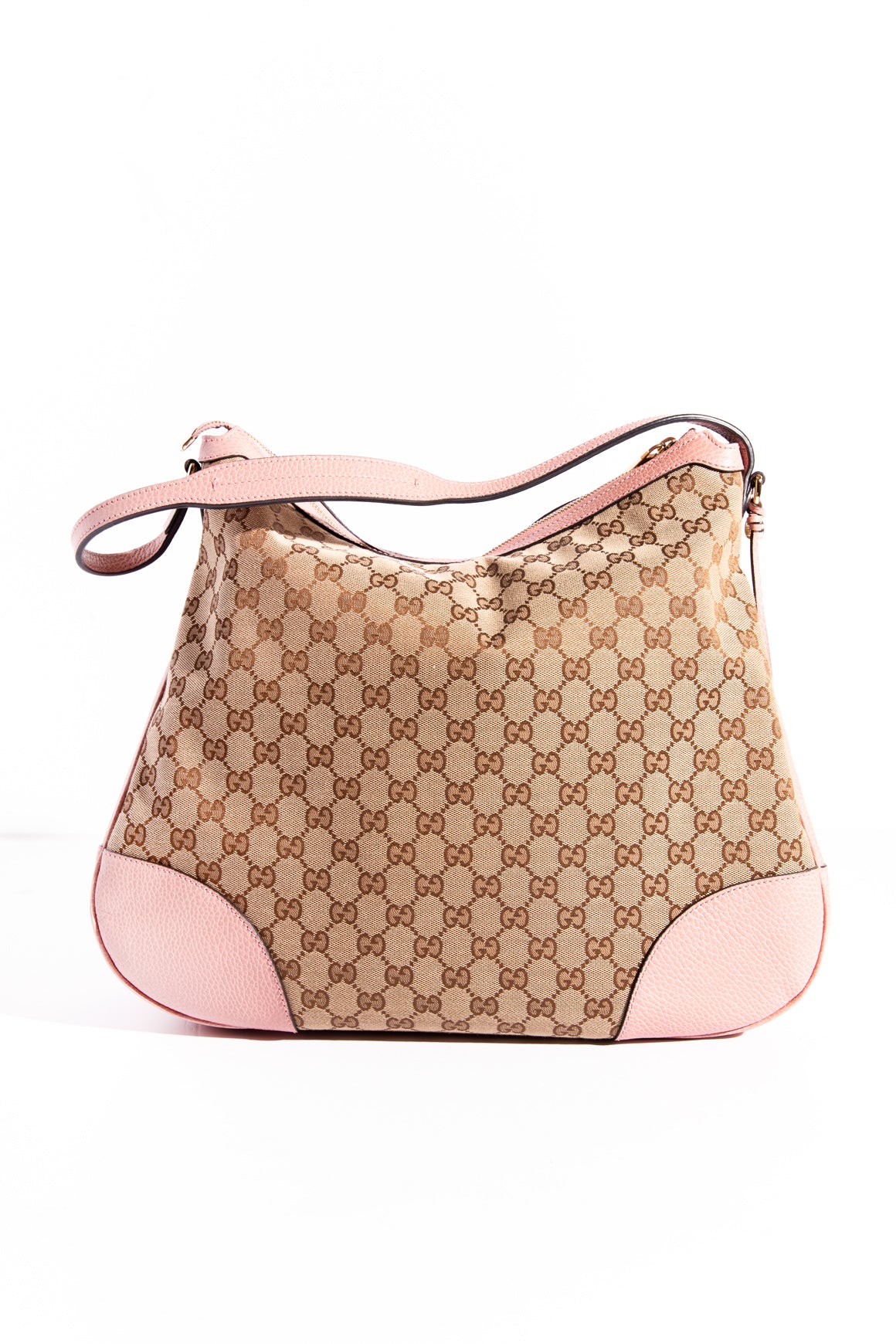 GUCCI Brown GG Canvas Baby Pink Leather Bag