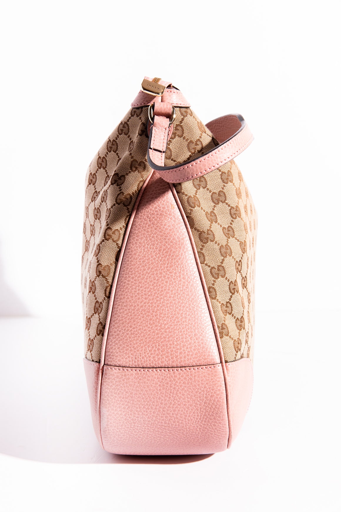 GUCCI Brown GG Canvas Baby Pink Leather Bag