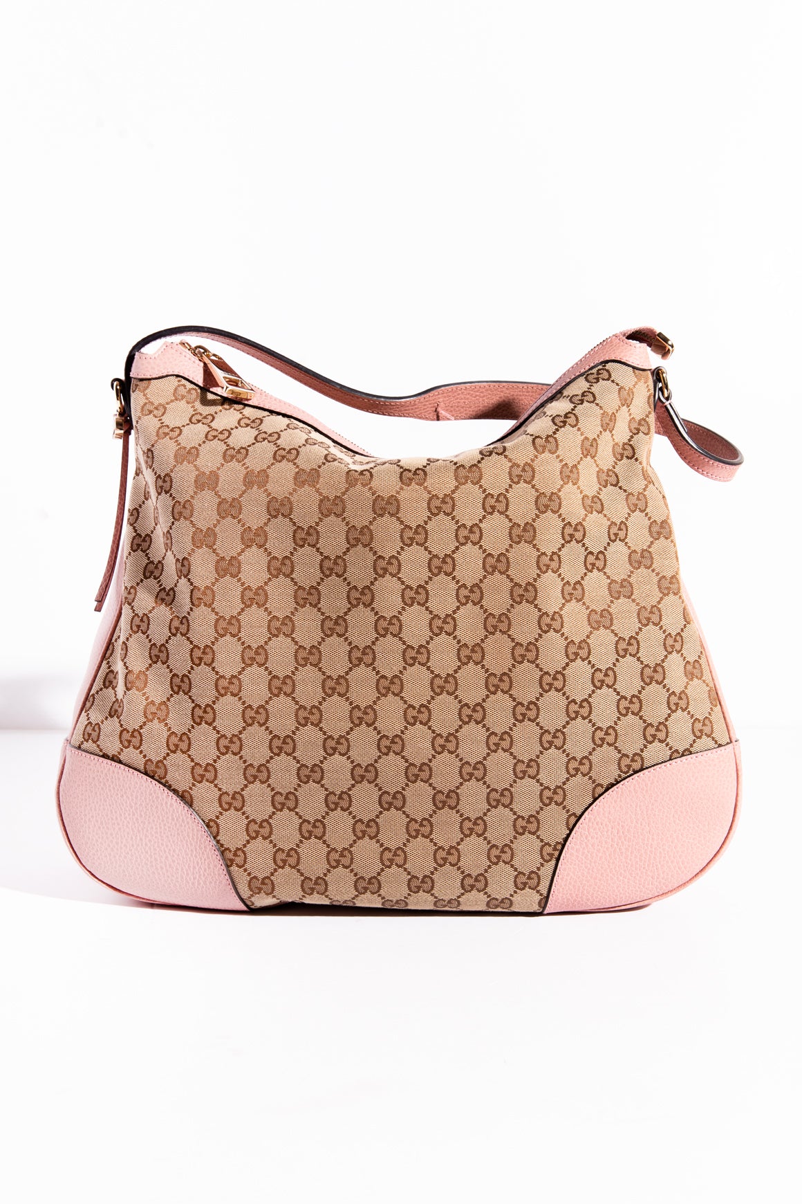 GUCCI Brown GG Canvas Baby Pink Leather Bag