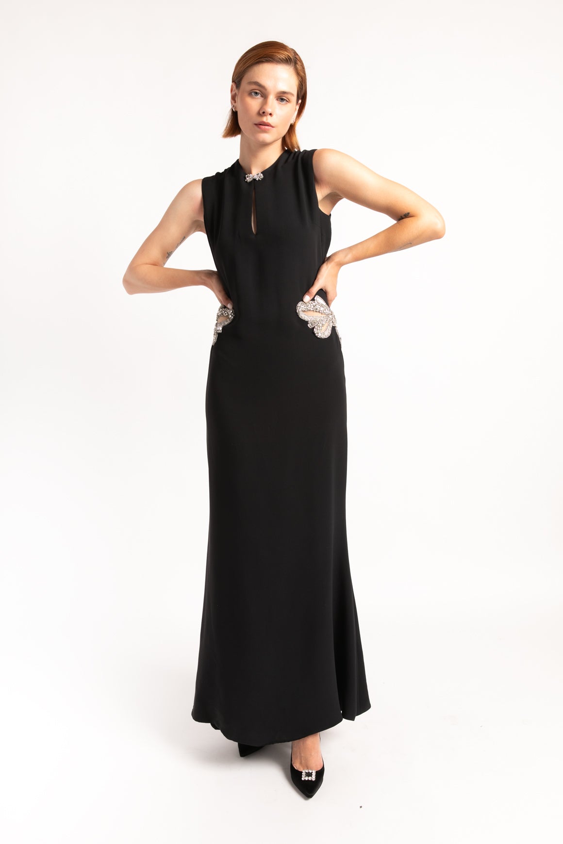 REEM ACRA Black Crystal Bow Gown