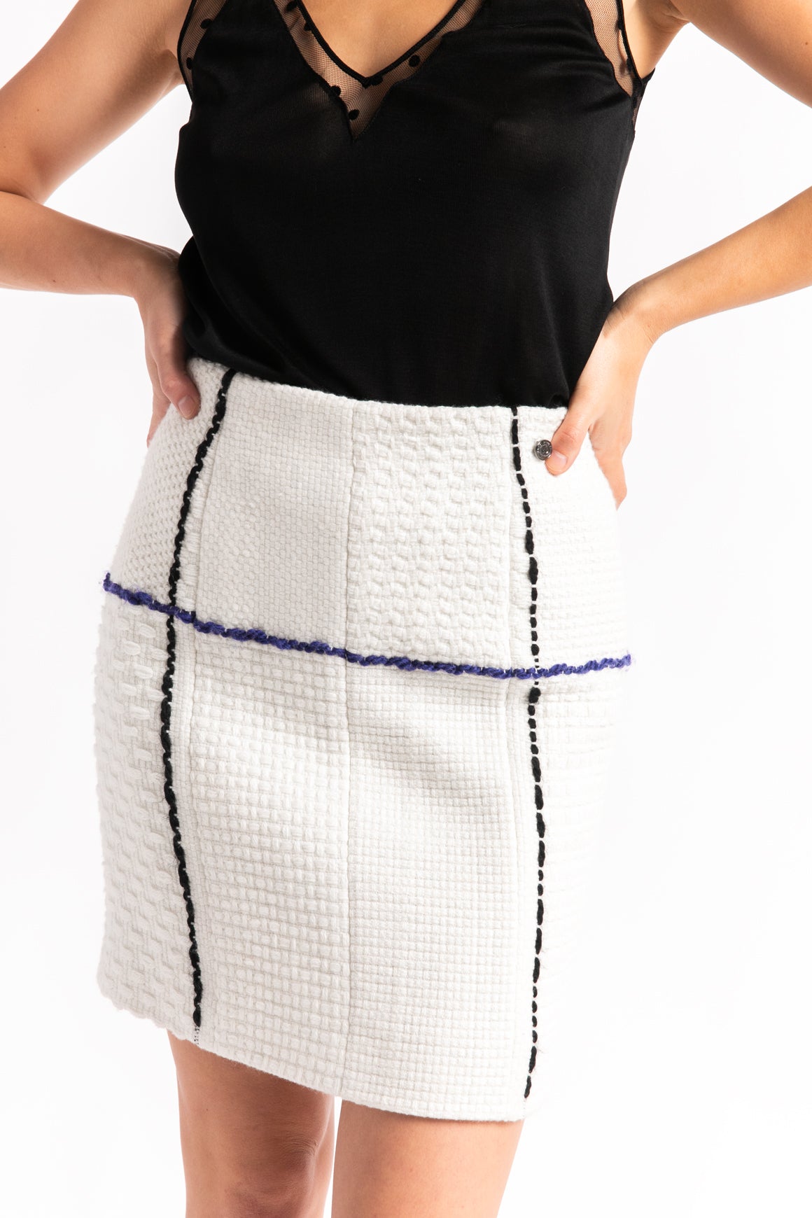 CHANEL White & Blue Tweed Mini Skirt