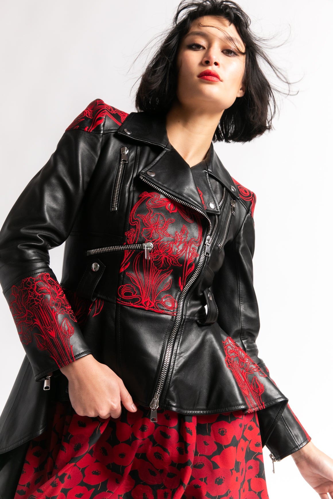 ALEXANDER MQUEEN Embroidered Peplum Leather Jacket