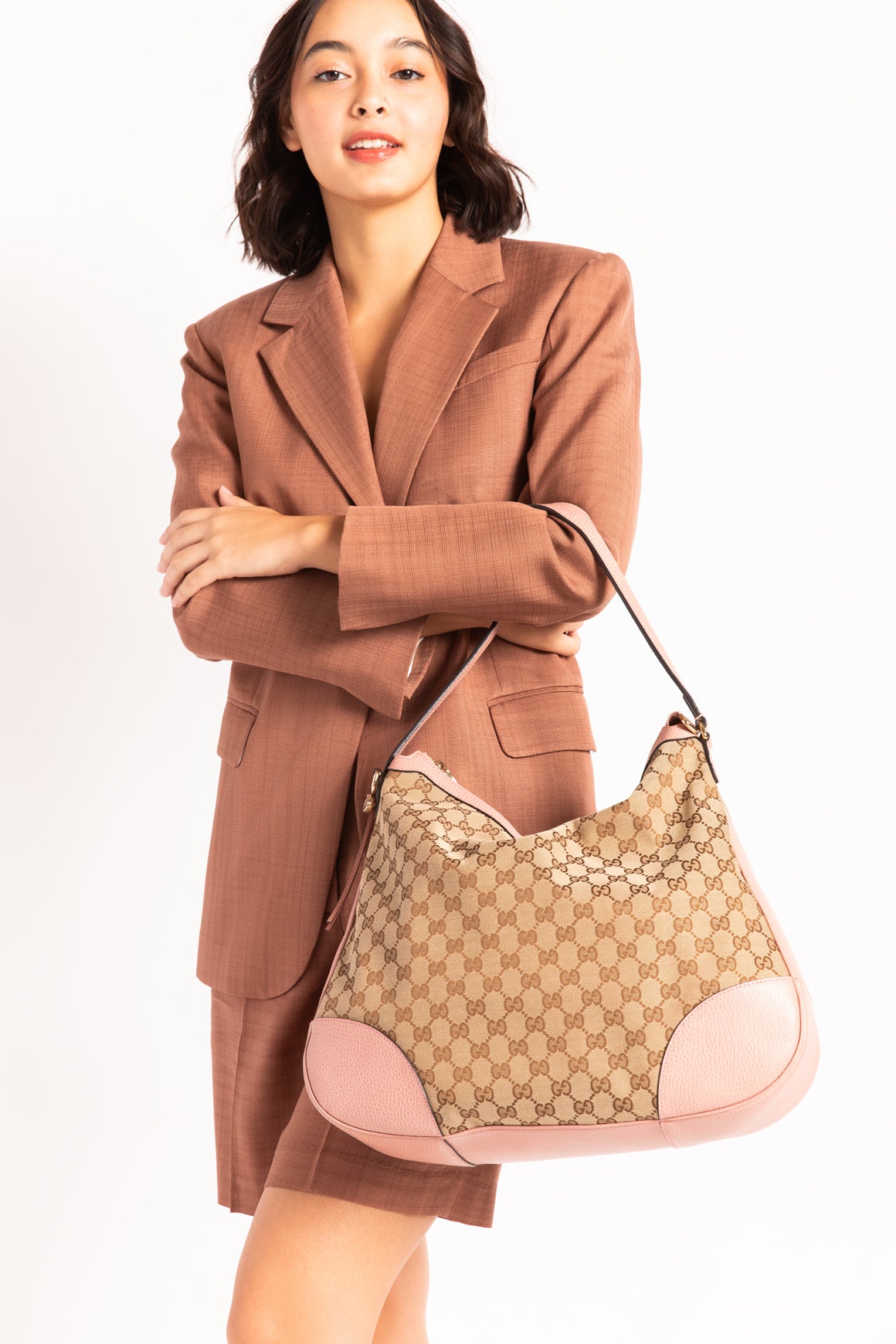 GUCCI Brown GG Canvas Baby Pink Leather Bag