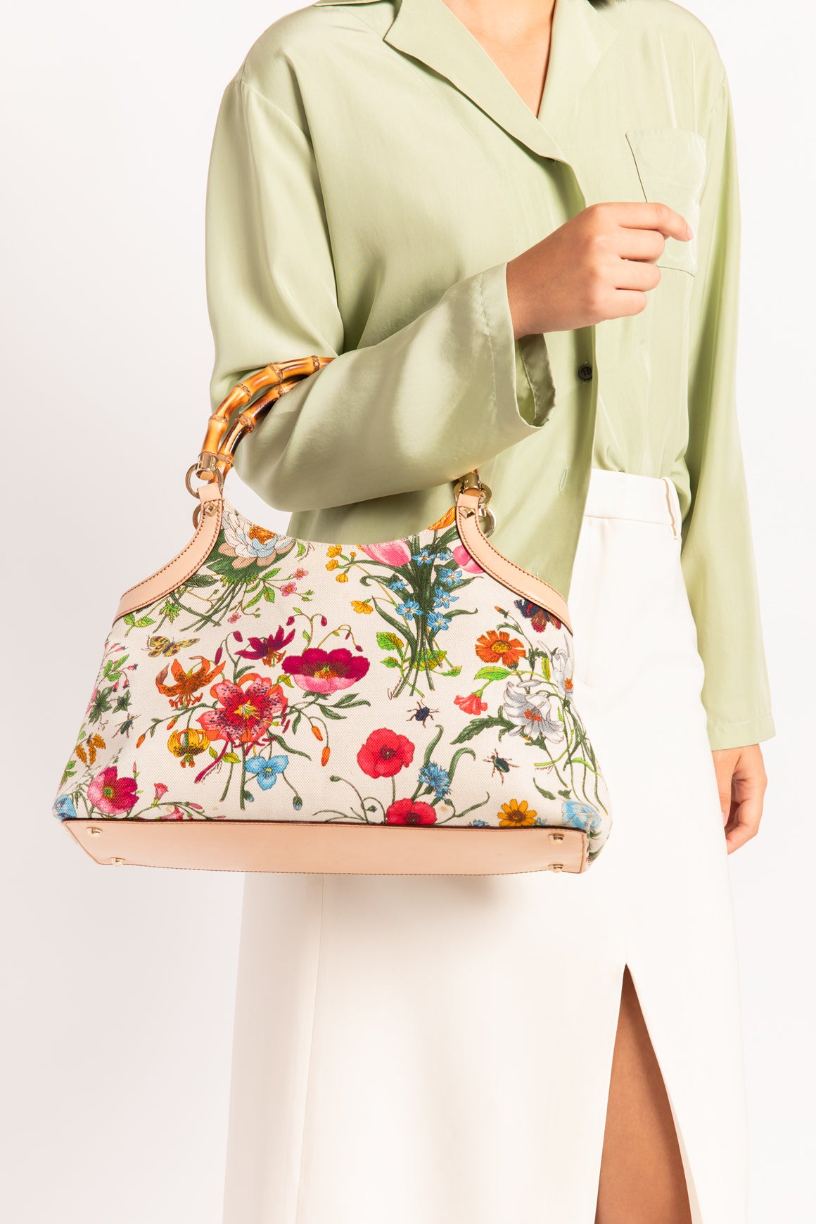 GUCCI White Flora Bamboo Handle Bag